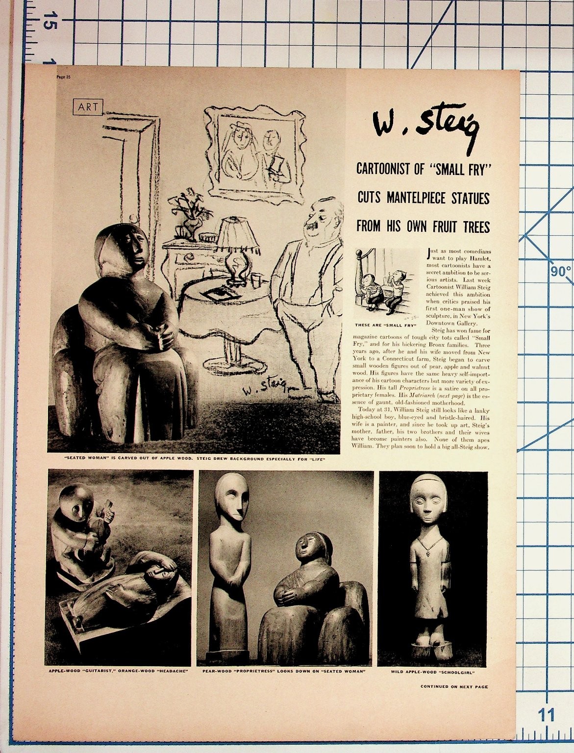 W. Steig Cartoonist Wooden Sculpture Article 1930s Life Magazine Page Art