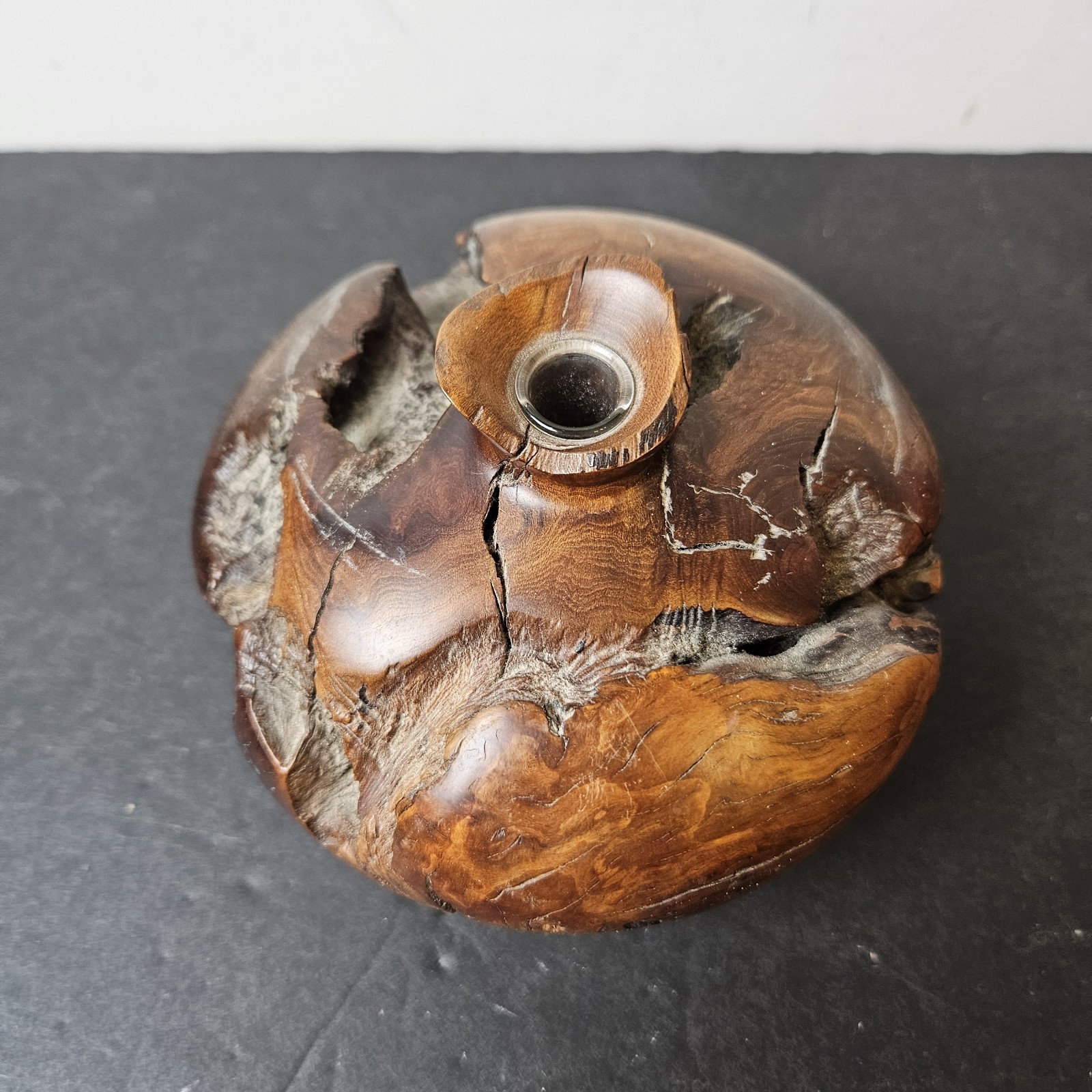 Vintage MCM Turned Burl Wood Polished Art Bud Vase Hand Turned Glass Insert