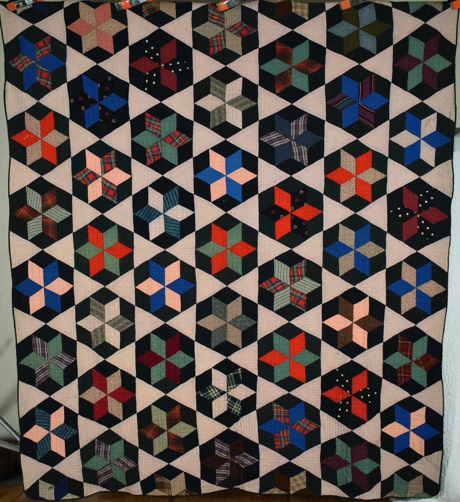 MAGNIFICENT Vintage 1880's Wool Hexagon Stars Antique Quilt ~Early Brown Fabric