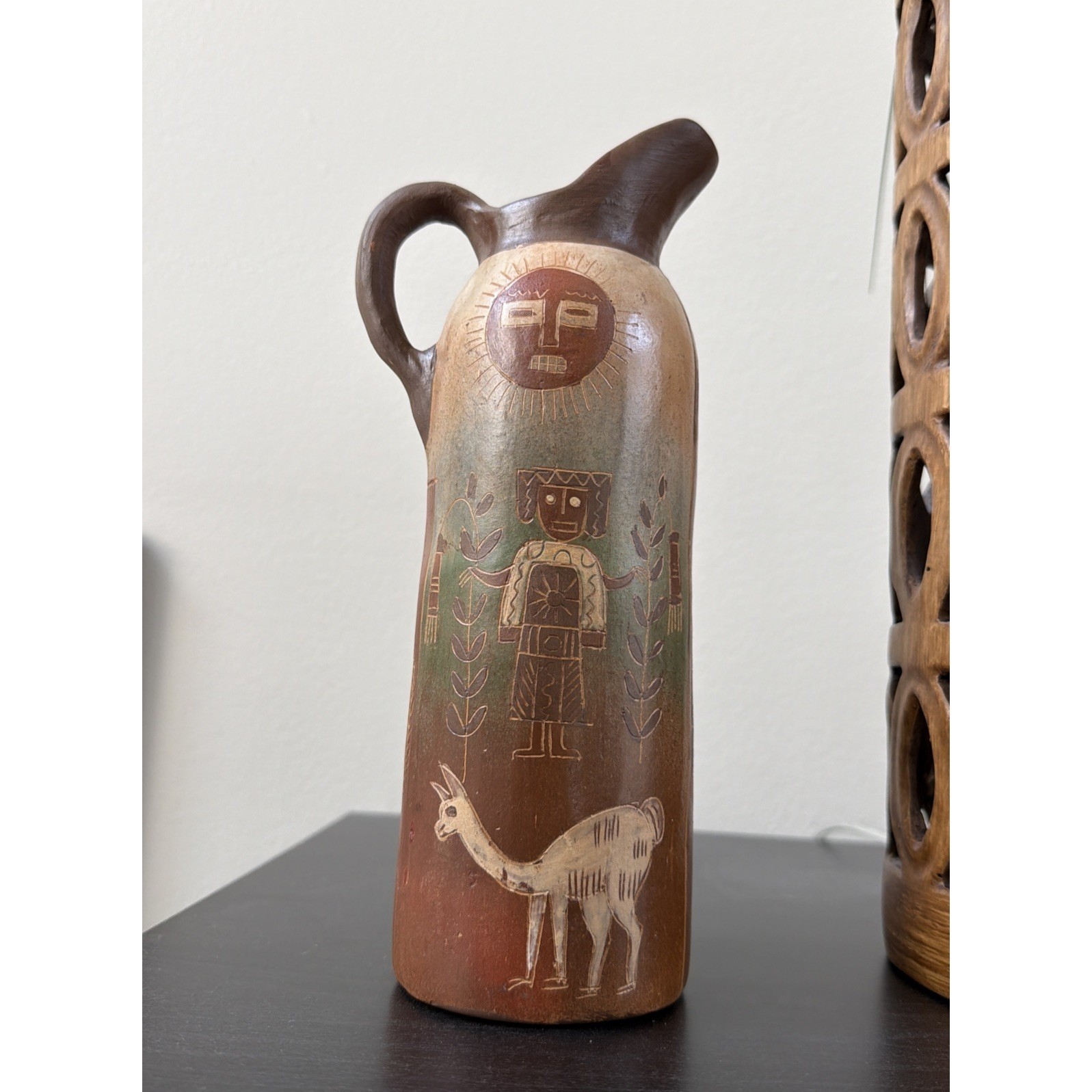 Vintage Peruvian Pottery Pitcher Hand Painted Sgraffito Llama Sun Folk Art 8.5 Vintage Peruvian Pottery Pitcher Hand Painted Sgraffito Llama Sun Folk Art 8.5