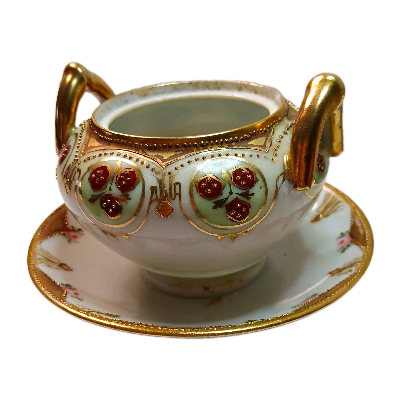 Antique Nippon Porcelain Sugar Bowl  Saucer Floral  Gold Trim and berries