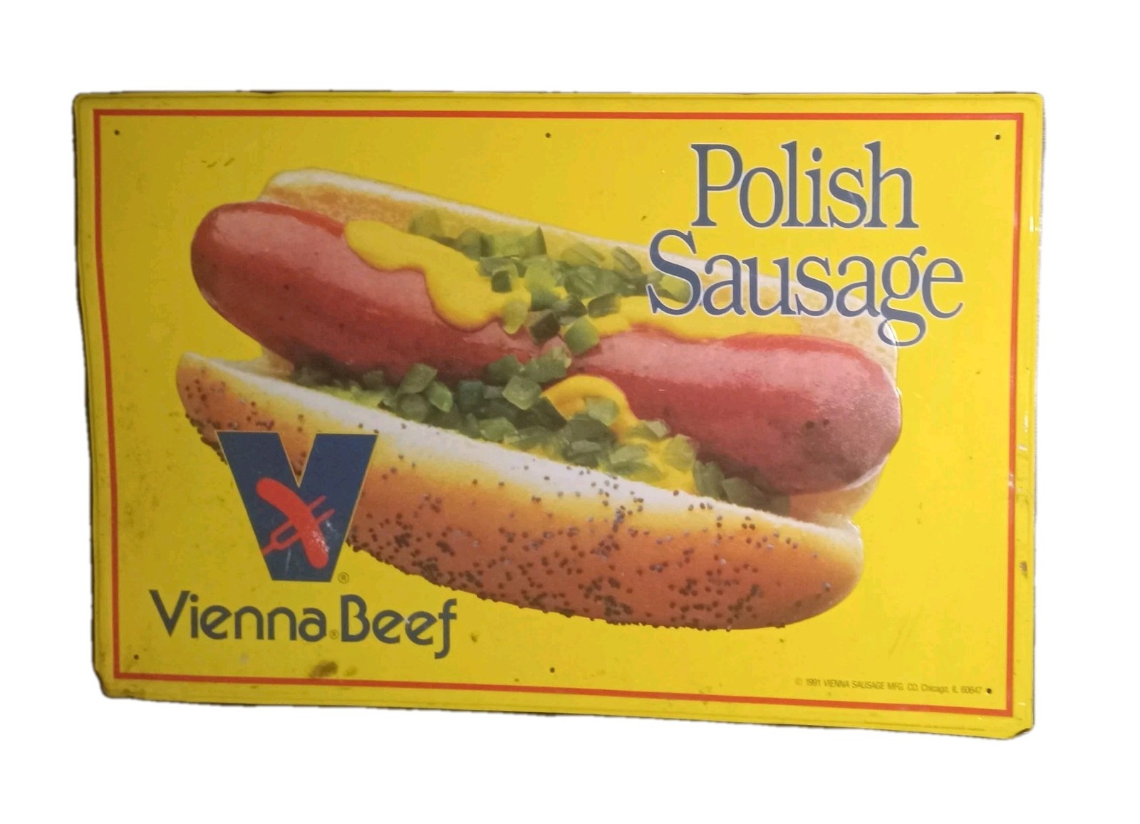 VIENNA BEEF Chicago Style Hot Dogs Embossed Tin STOUT MKTG Metal Sign 35\