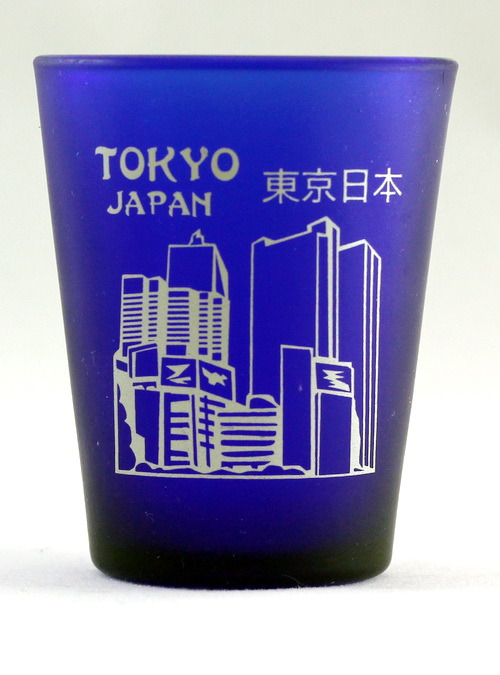 TOKYO JAPAN COBALT BLUE FROSTED SHOT GLASS SHOTGLASS