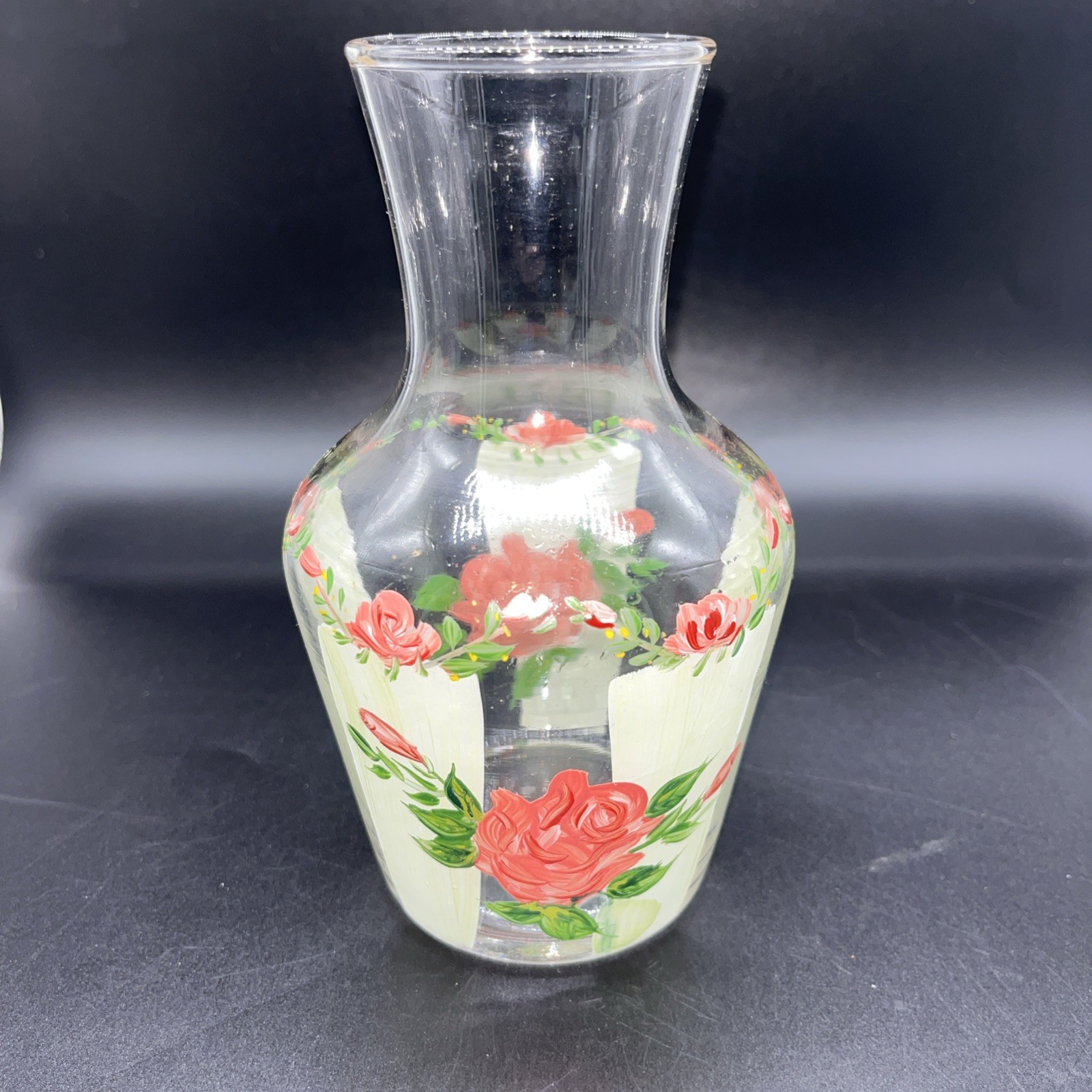 Handpainted Glass Vase Green & Pink Roses Florals Carafe Vessel Handpainted Glass Vase Green & Pink Roses Florals Carafe Vessel