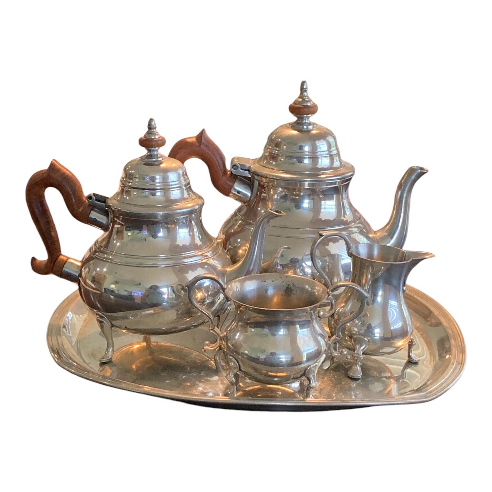 Williamsburg Kirk Stieff Pewter Coffee and Tea Set with Creamer, Sugar, and Tray