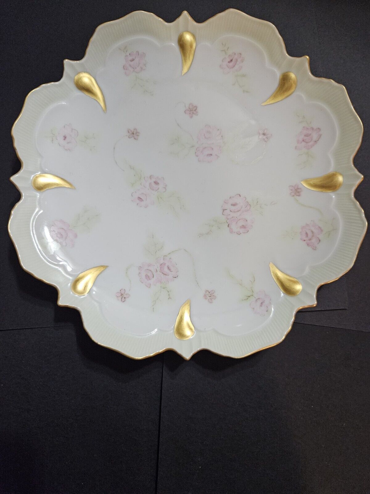 Vtg Pink Roses Plate Hand Painted W Gold Accent Hanging Signed Edna Moore 1959