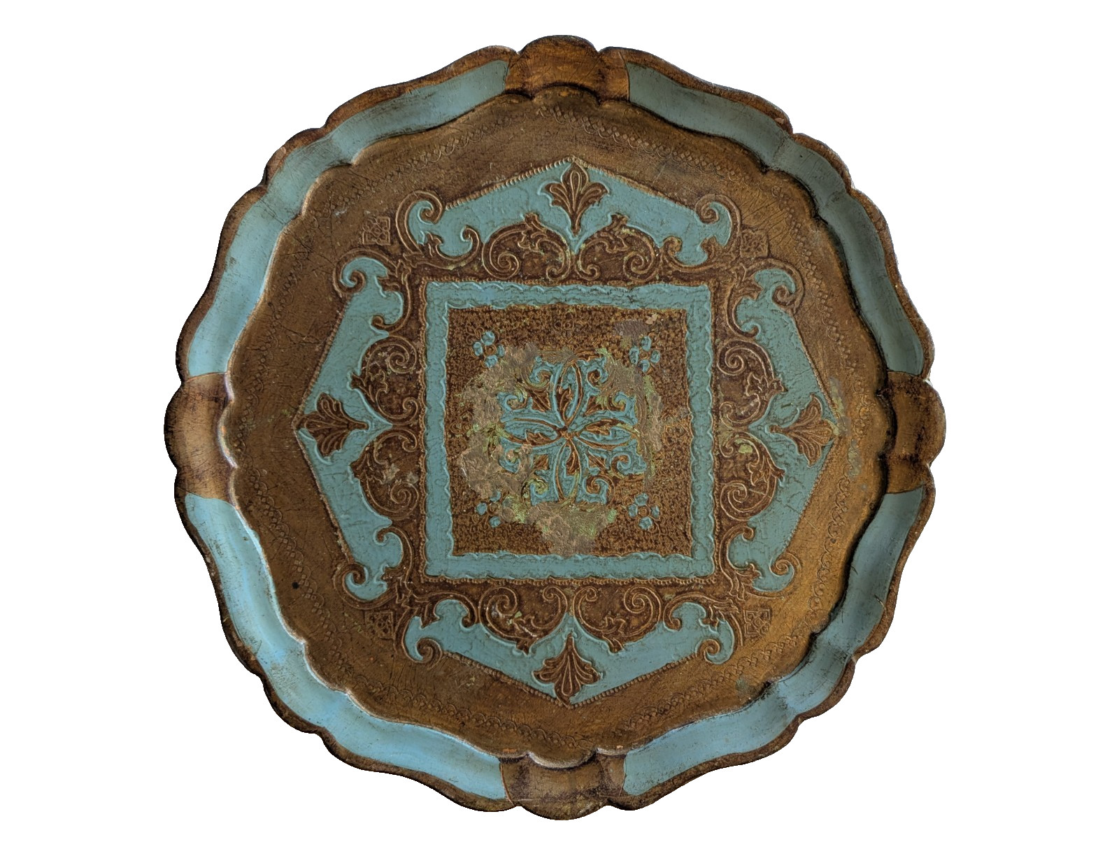 Vintage Italian Florentine Wood Tray Turquoise Gold Gilt Scalloped 15\