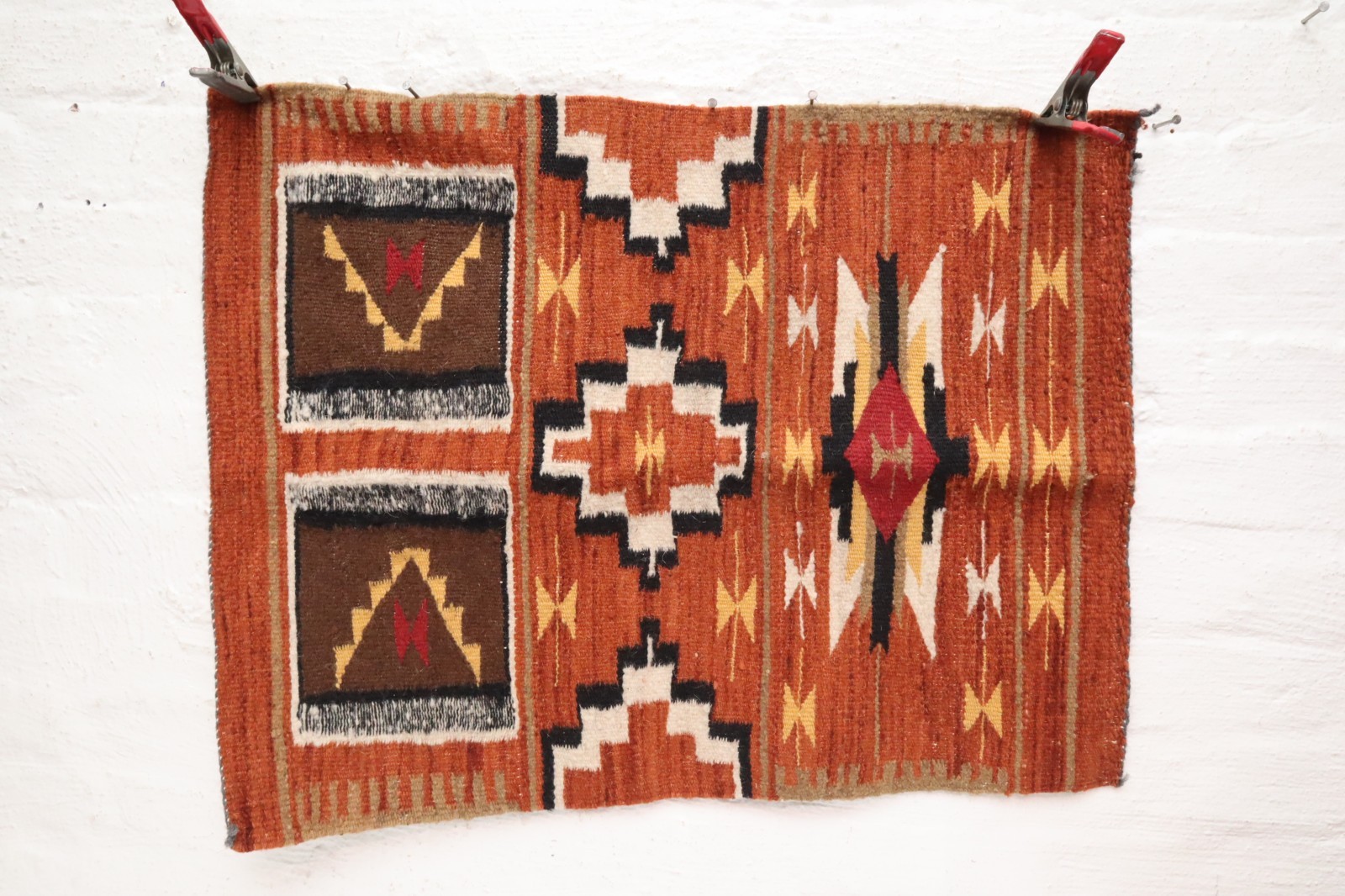 Unique ATQ Navajo Rug Native American Indian Pictorial Textile Weaving 26x20 VTG