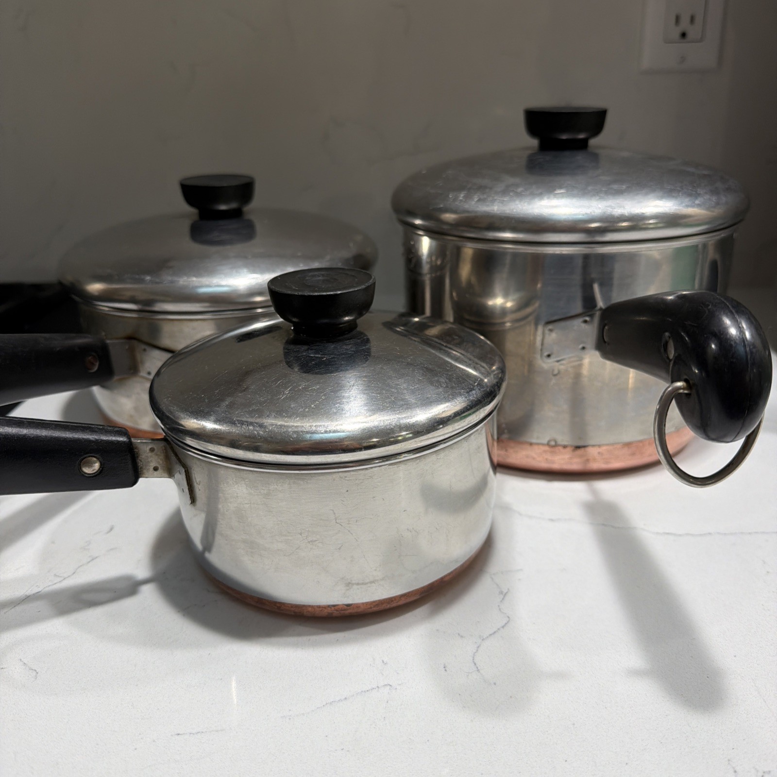 VTG Paul Revere 1801 COPPER Bottom Pots with Lids USA Set Of 3 Pans And Lids