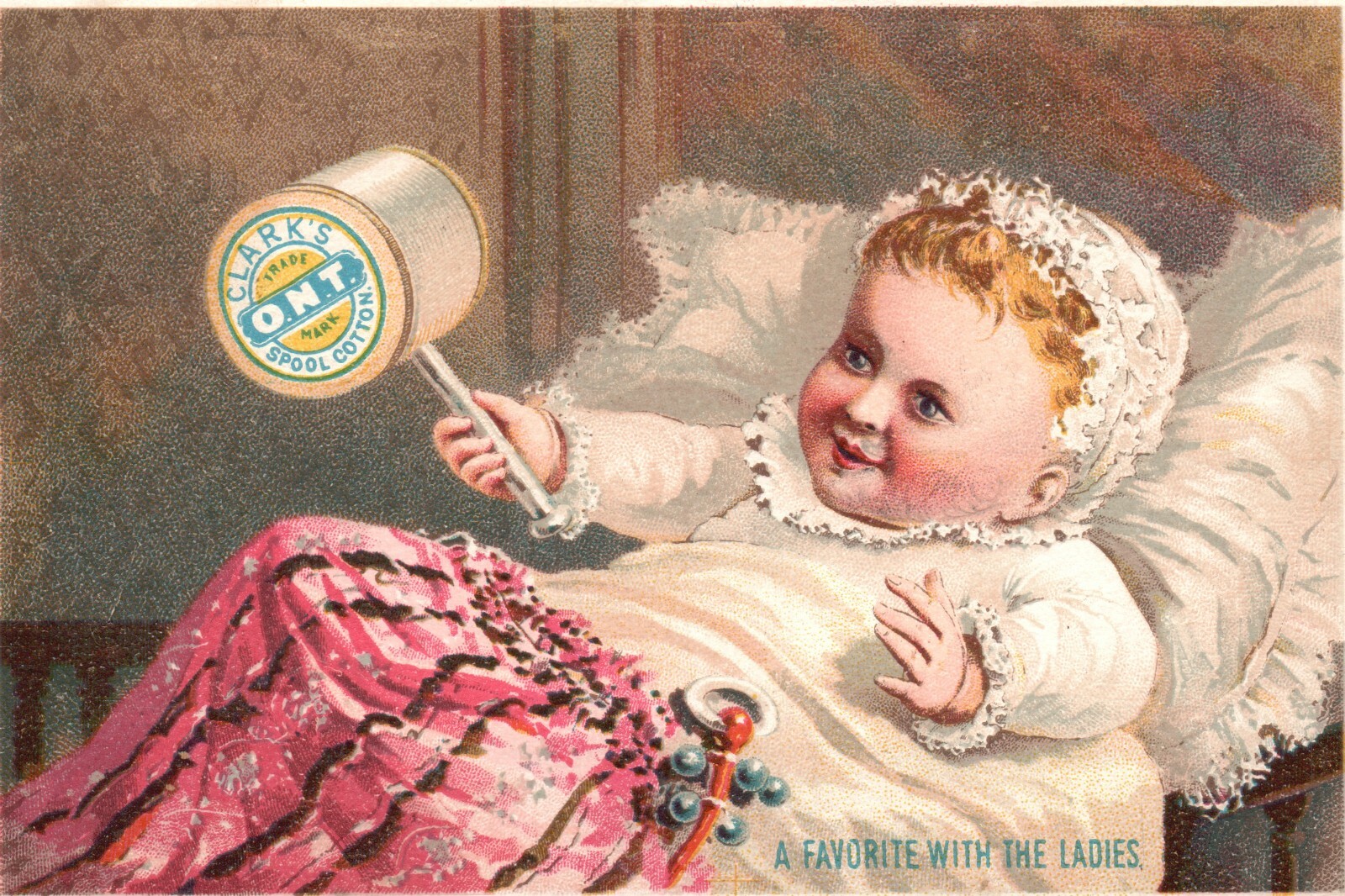 1880s-90s Baby in Crib Clark\'s Spool Cotton ONT Sewing Machines Trade Card