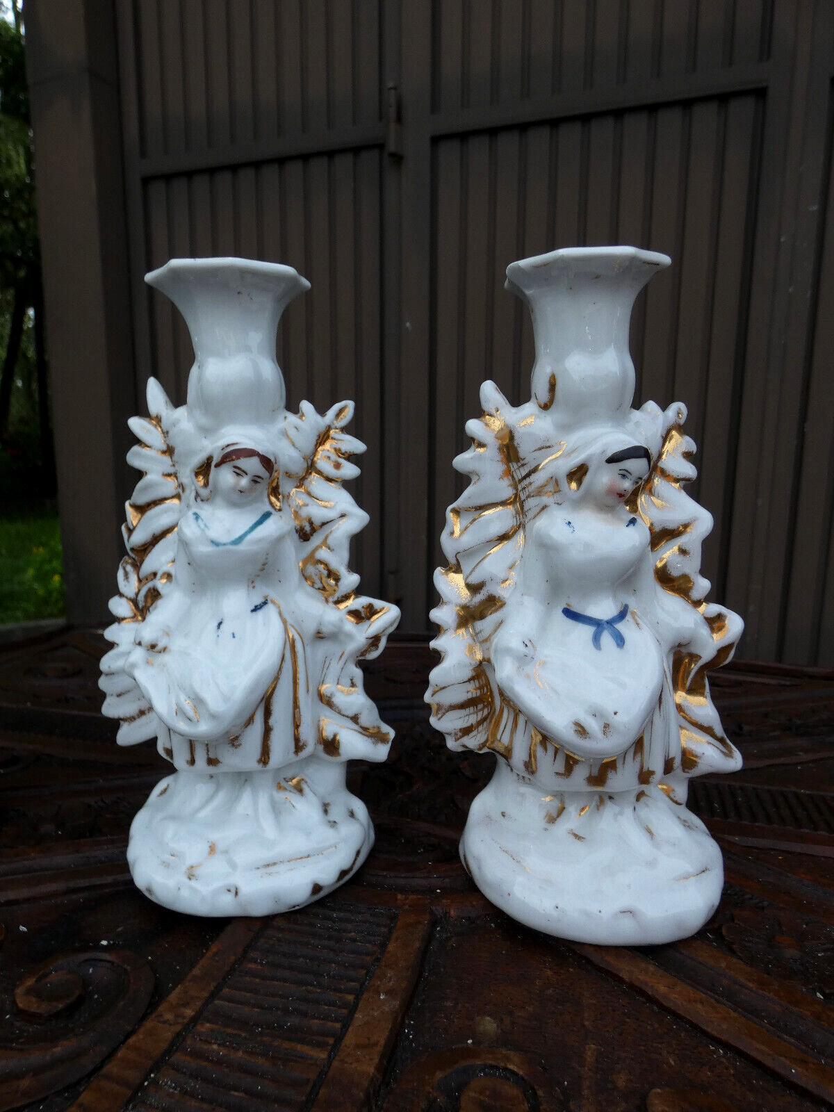 PAIR antique vieux paris porcelain girl figurine candle holders statue