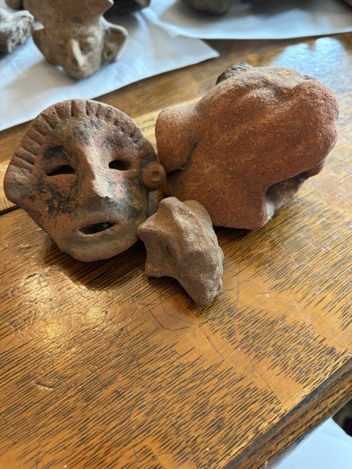 Three Pre-Colombian Mayan Effigies Hard Red Brick Clay. Dog Mask Meso American.