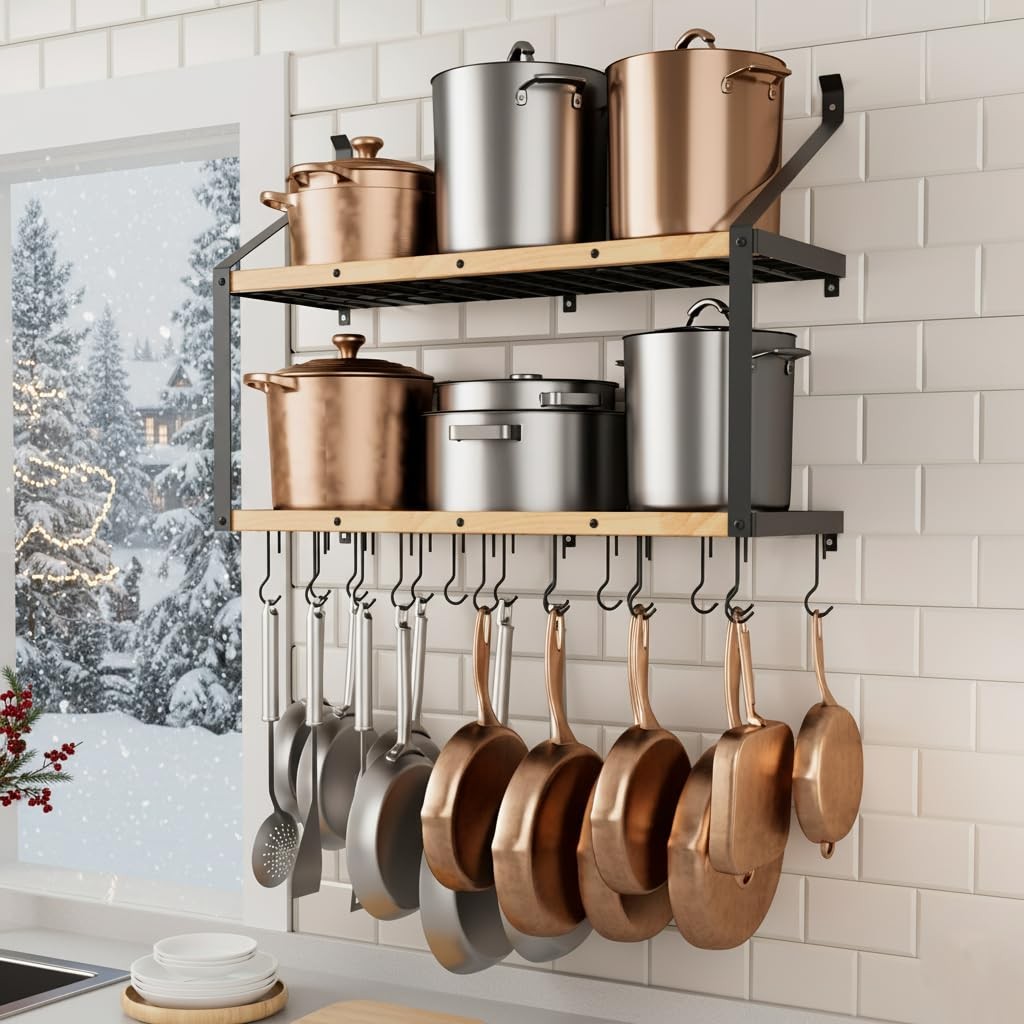 KES 132lb Heavy Duty Hanging Pot Rack Wall Mounted 34in Solid Wood