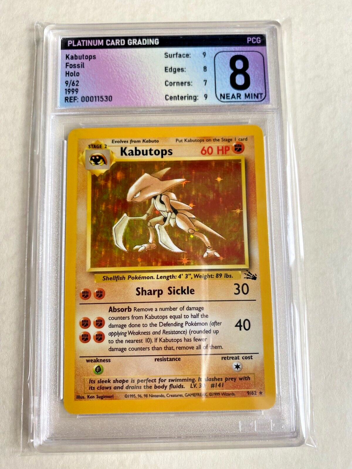 Kabutops Pokemon card Holo 9/62 1999 Fossil set rare card PGS 8 Near Mint/Mint