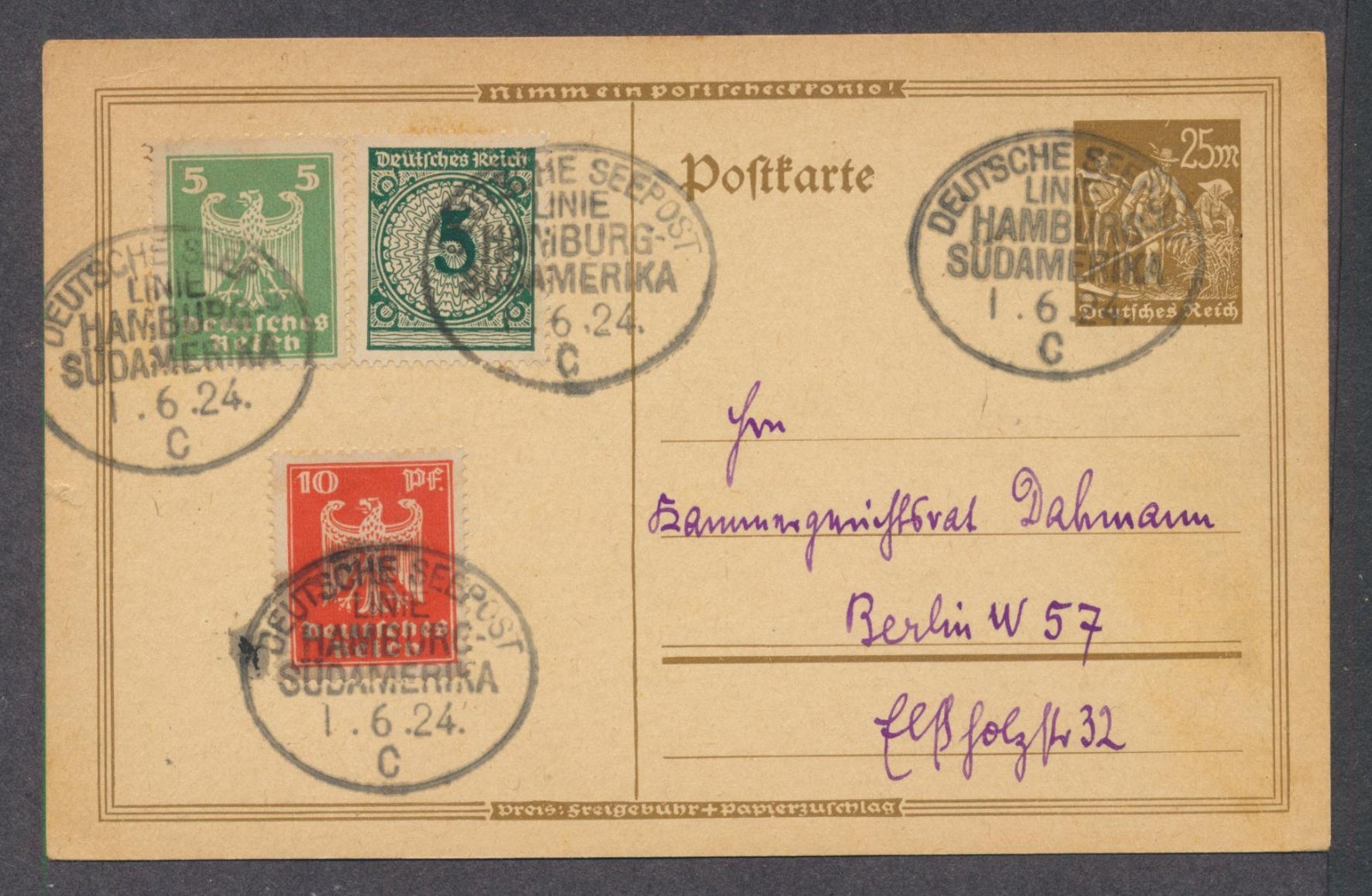 1924 Hamburg Sudamerika Seapost cancel uprated postal card Farmer Eagle franking