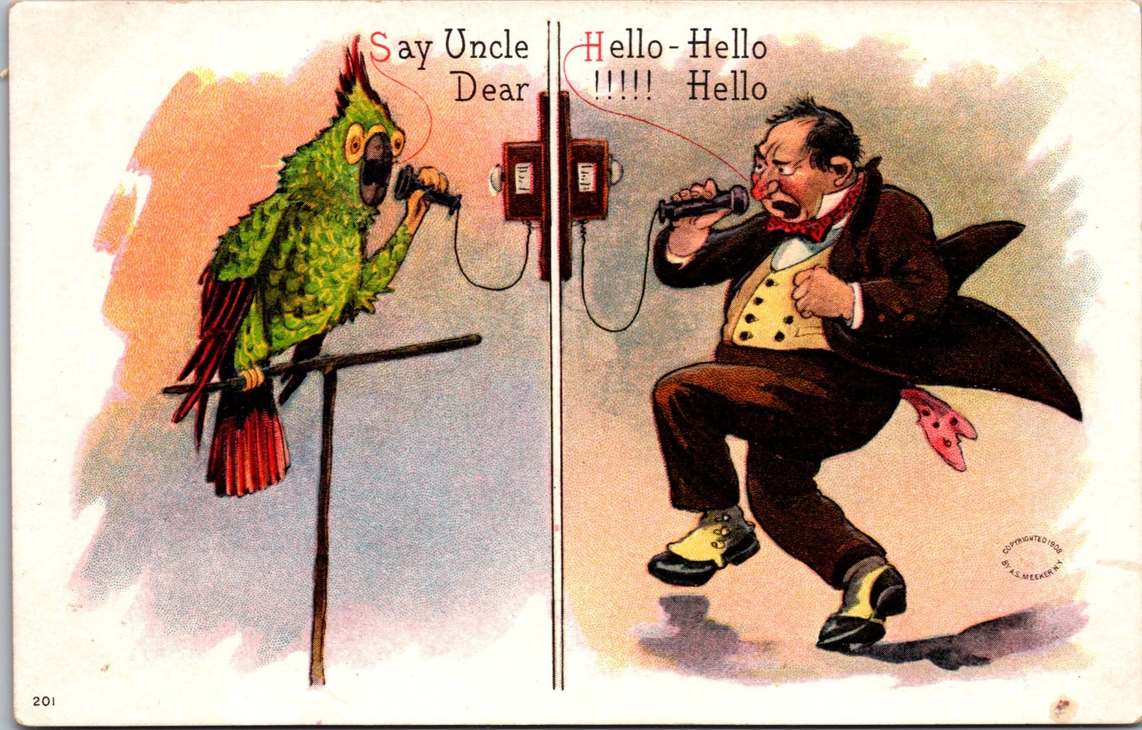 Postcard ~Comic Humor Man Talking To Parrot on Phone Embossed c1915