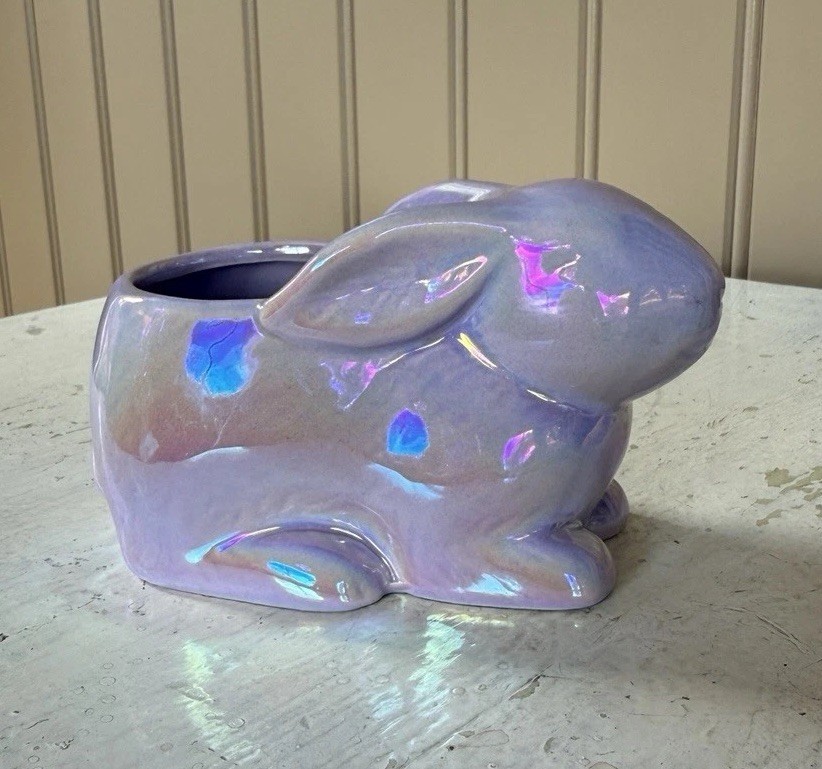 Ceramic Purple Lusterware Iridescent Bunny Rabbit Planter