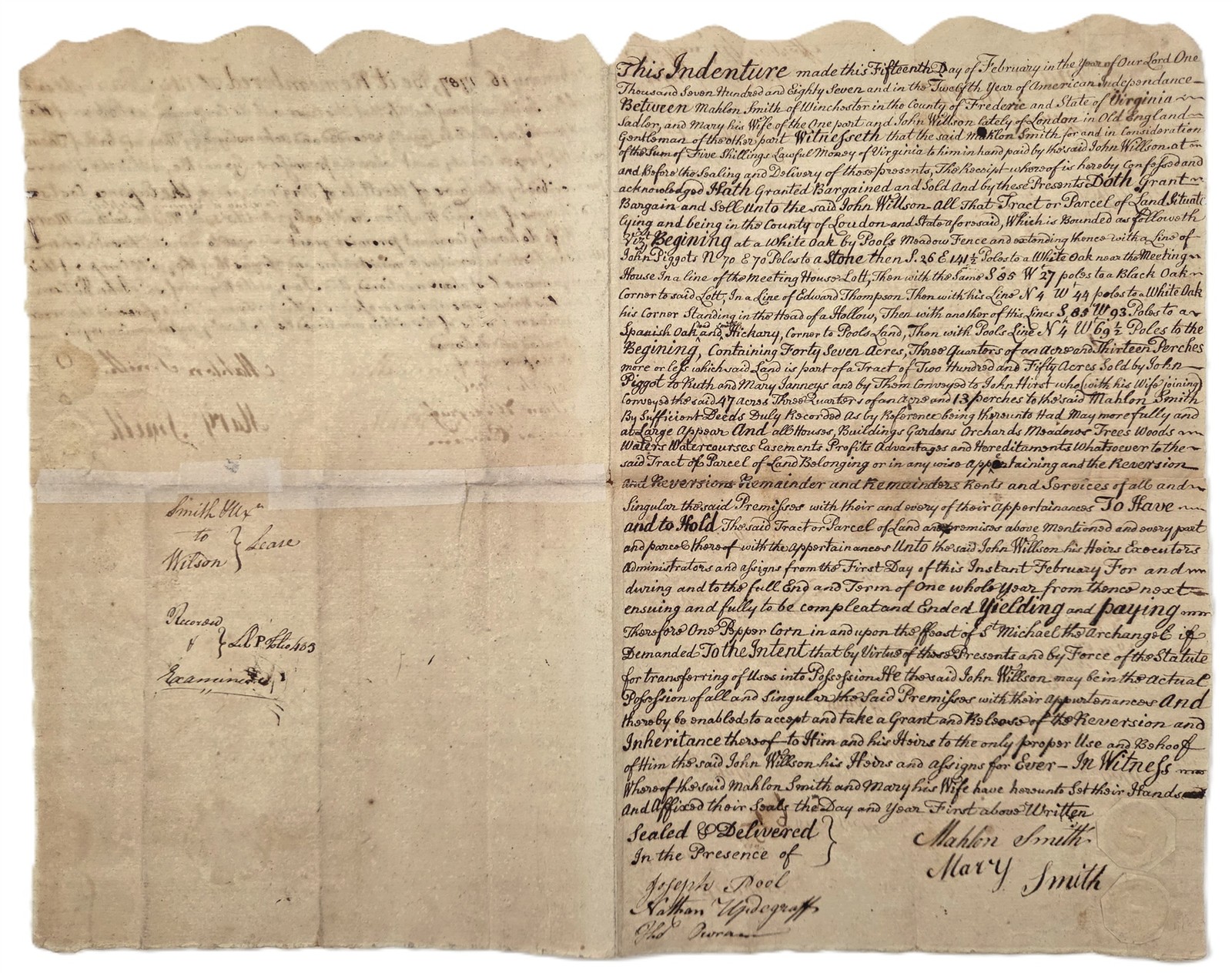 1787 antique LAND DEED loudoun county va MAHLON SMITH JOHN WILLSON 47 ACRES