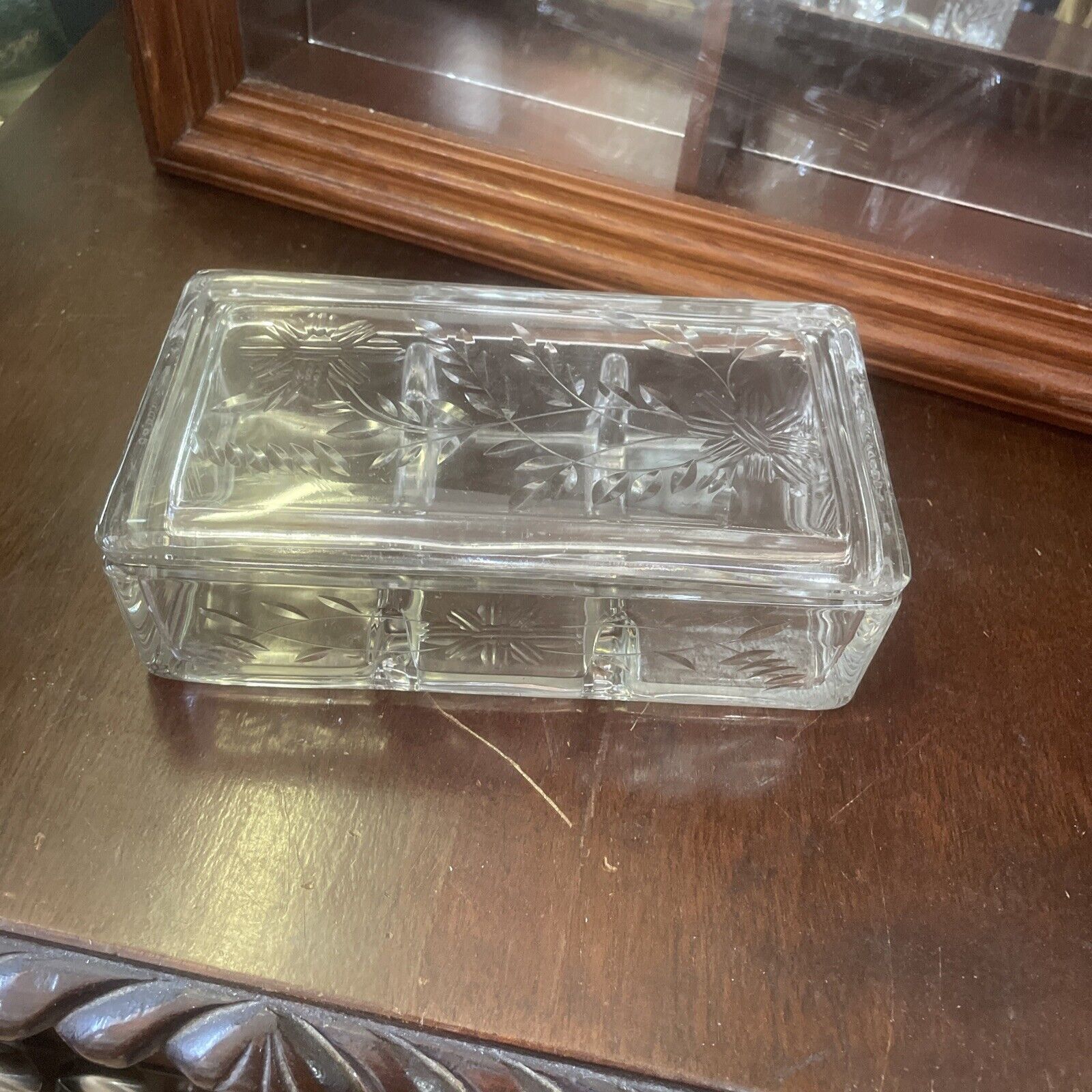 antique crystal wheel etched floral glass box trinket jewelry 