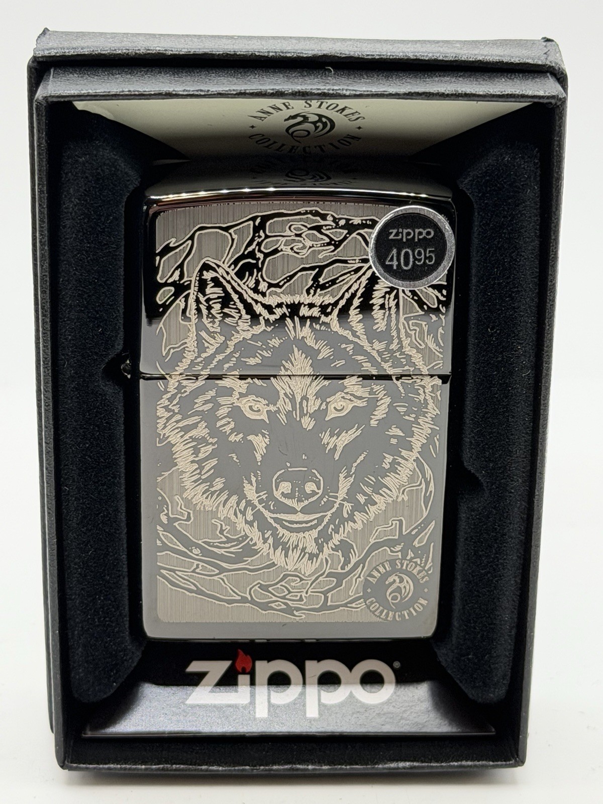 Wolf Anne Stokes 49443 Engraved High Polish Black Ice 2021 Zippo Lighter New