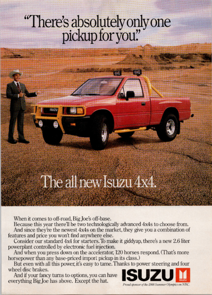 Isuzu 4x4 Pickup Truck Vintage Print Ad 1988 Big Joe Summer Olympics Isuzu 4x4 Pickup Truck Vintage Print Ad 1988 Big Joe Summer Olympics
