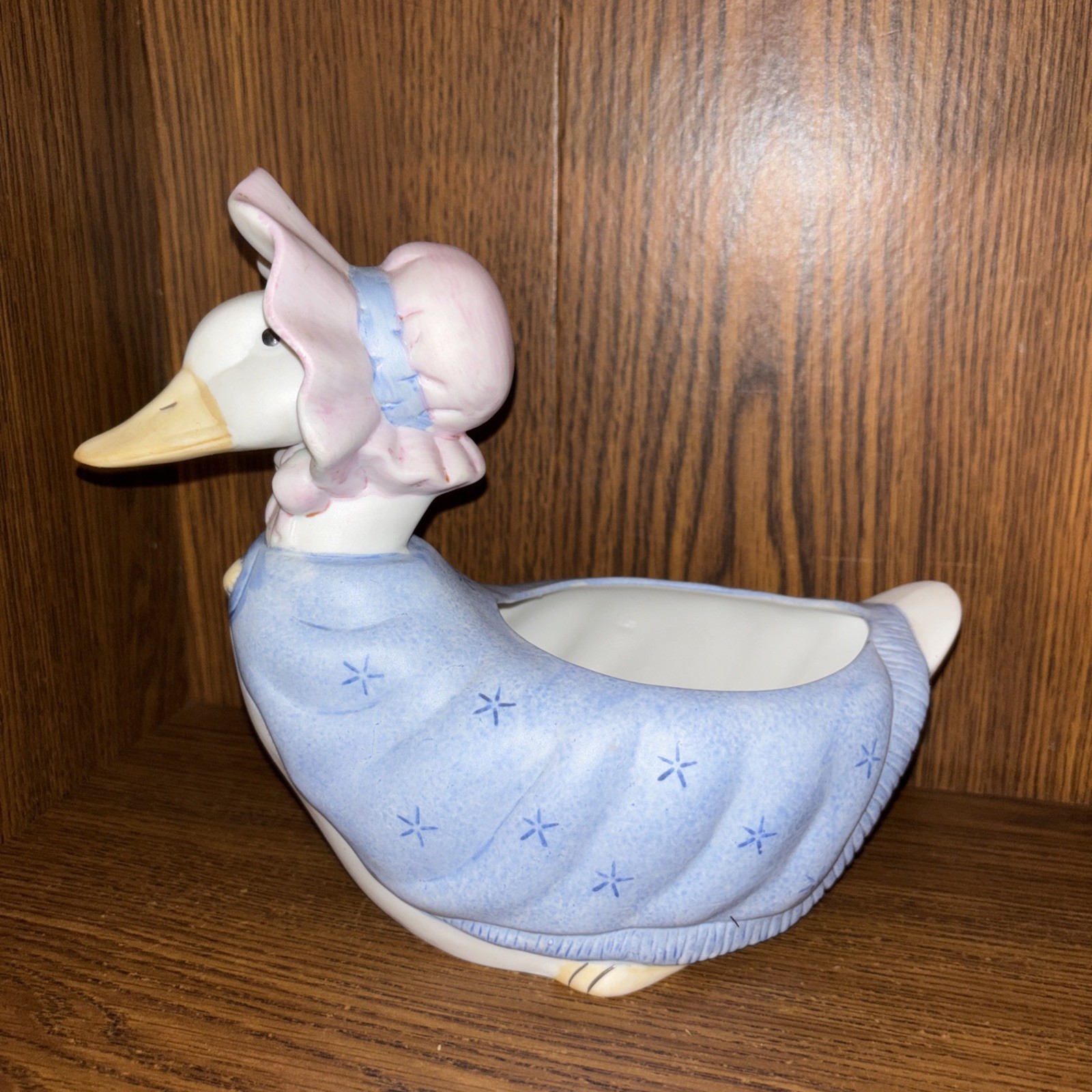 ⁠Vintage MIC Ceramic Goose Planter Bonnet Blue Shawl Duck Figurine Taiwan⁠