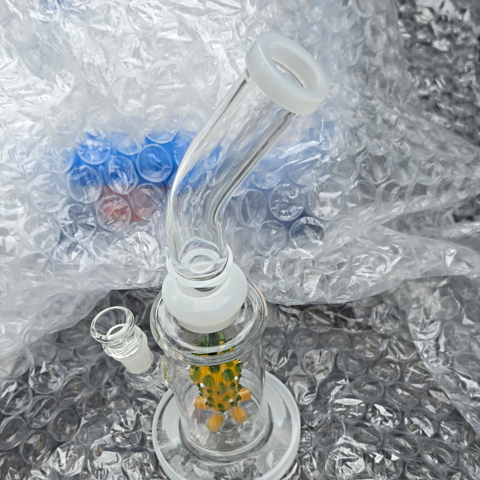 Clear Glass Water Pipe Bubbler w/ Bowl & Downstem White, Yellow/Green Cactus
