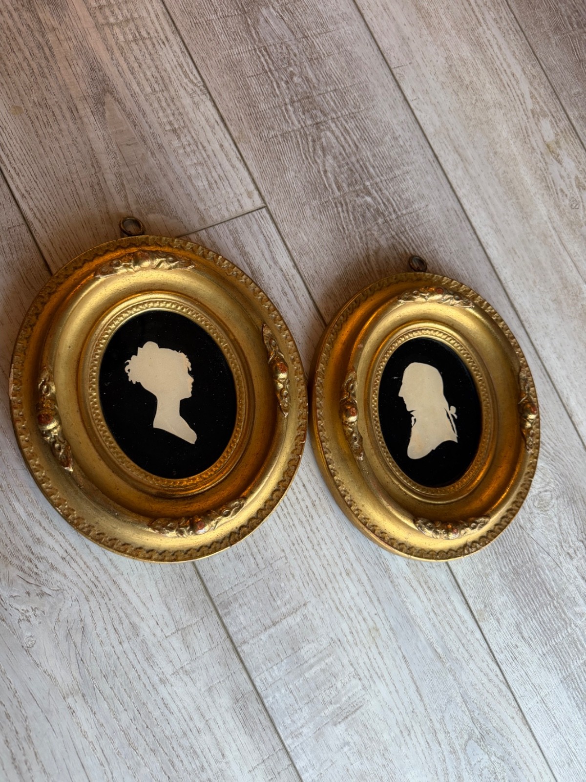 Antique 19th C Pair Reverse Painted Glass Silhouette Portraits Man Woman
