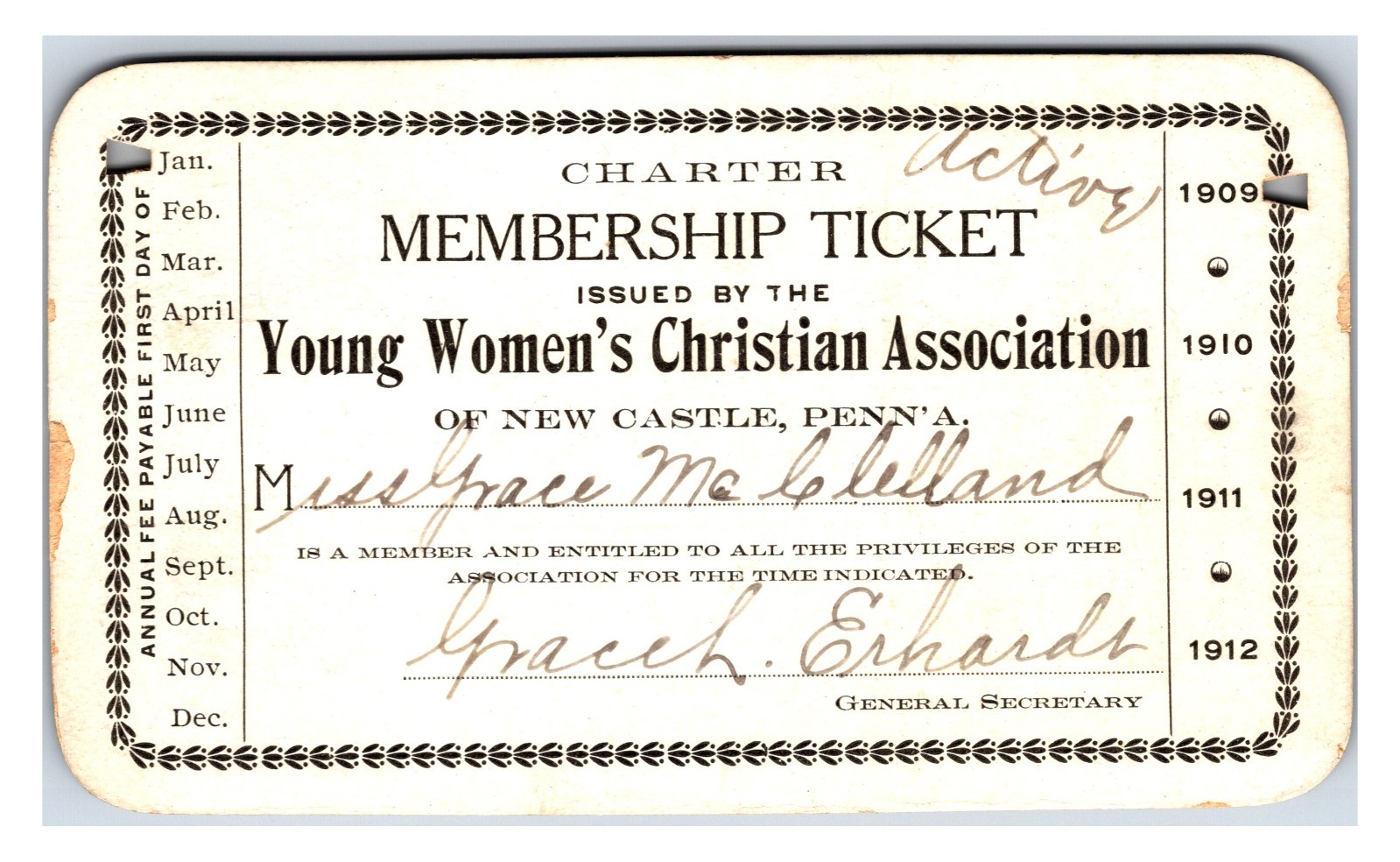 Original 1909 Young Women's Christian Association of New Caste, PA Member Card