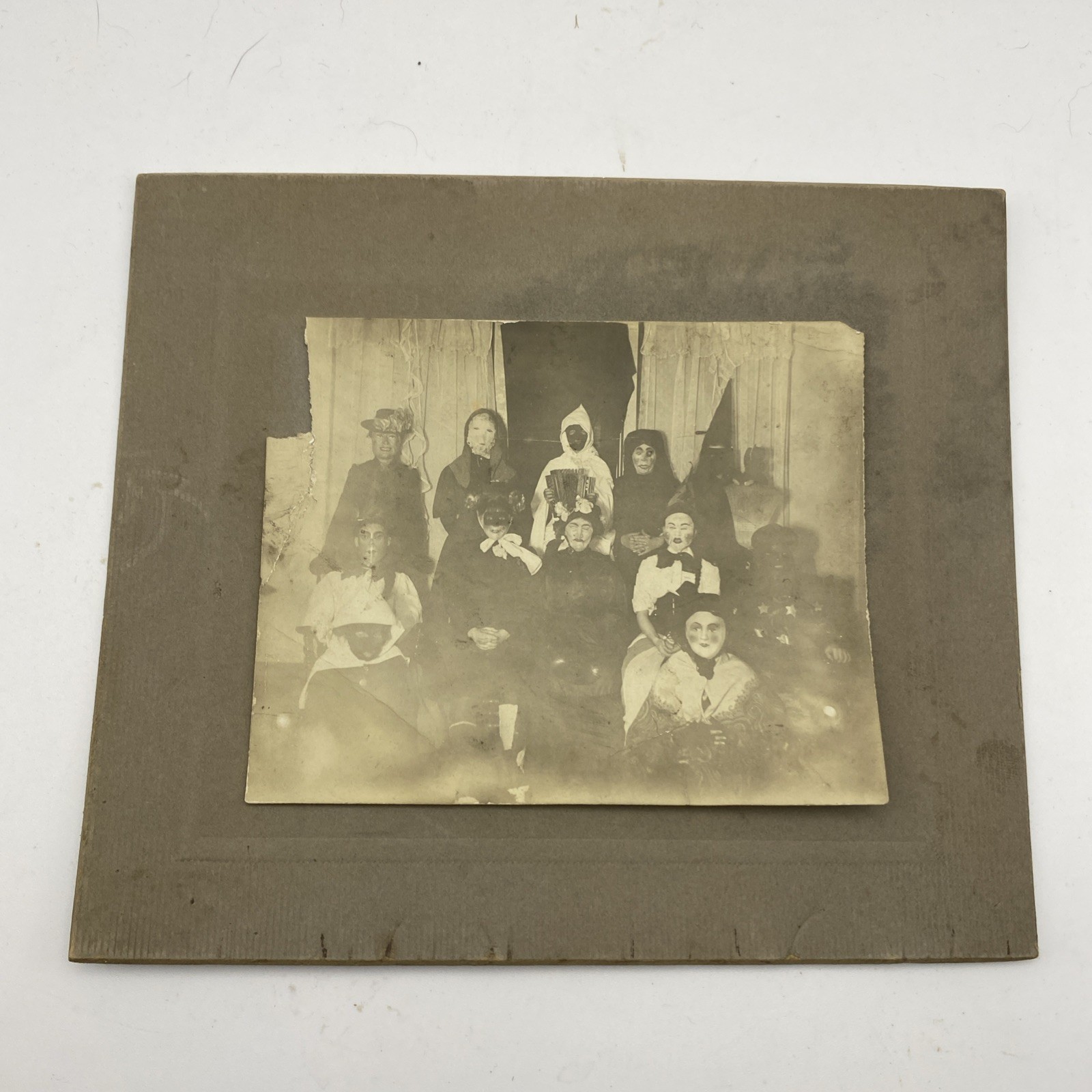 Vintage Halloween Photo Cabinet Card Early 1900s Group Costumes Spooky Mask