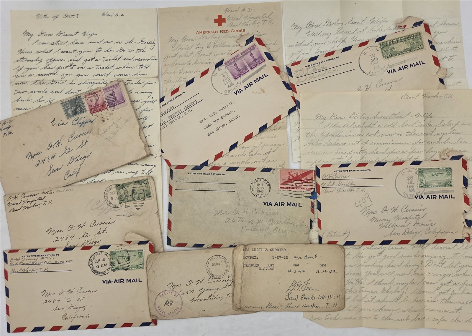 1941 antique WWII PEARL HARBOR LETTERS owen hill currier USS GRIDLEY NAVAL HOSP