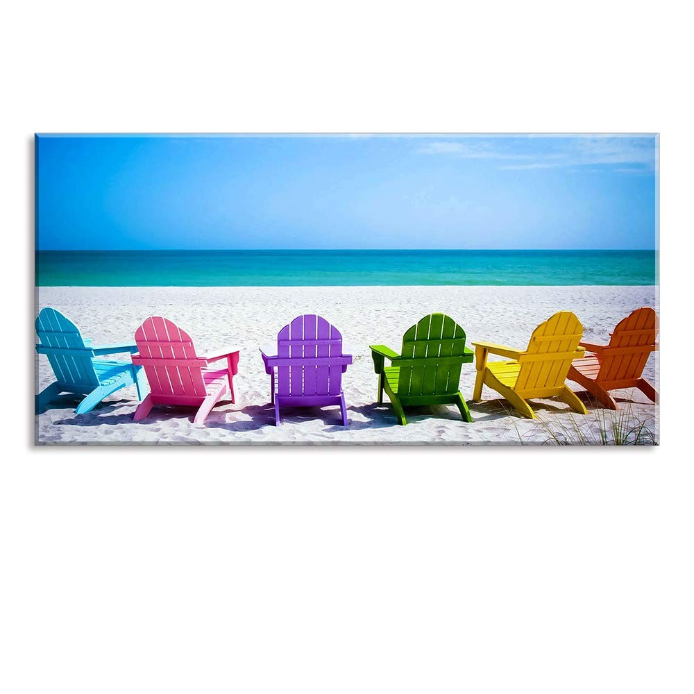 PIY Canvas Wall Art Blue Sea with Colorful Chairs 24x48