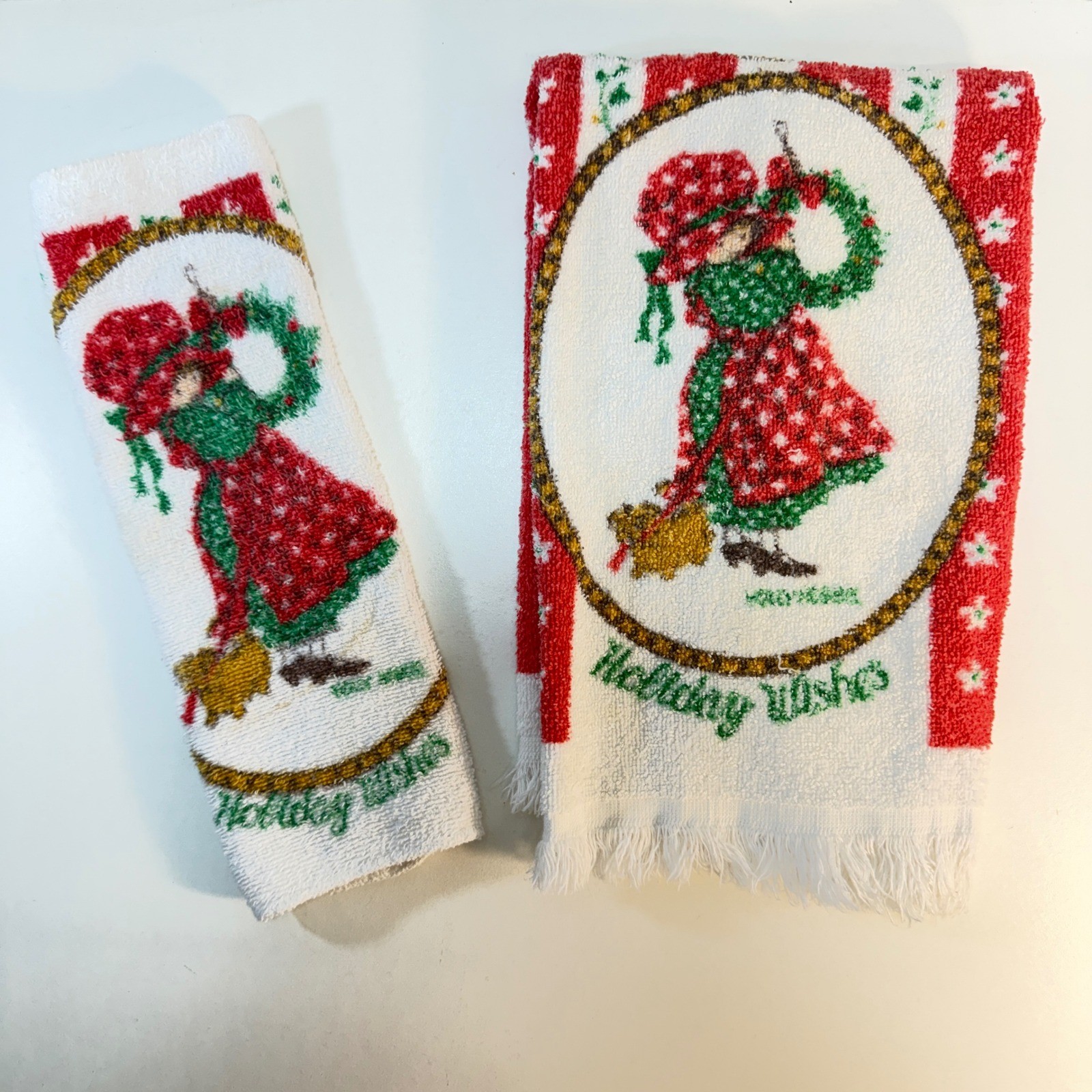 American Greetings Holly Hobbie Hand Towel Set White Christmas Vintage 70s
