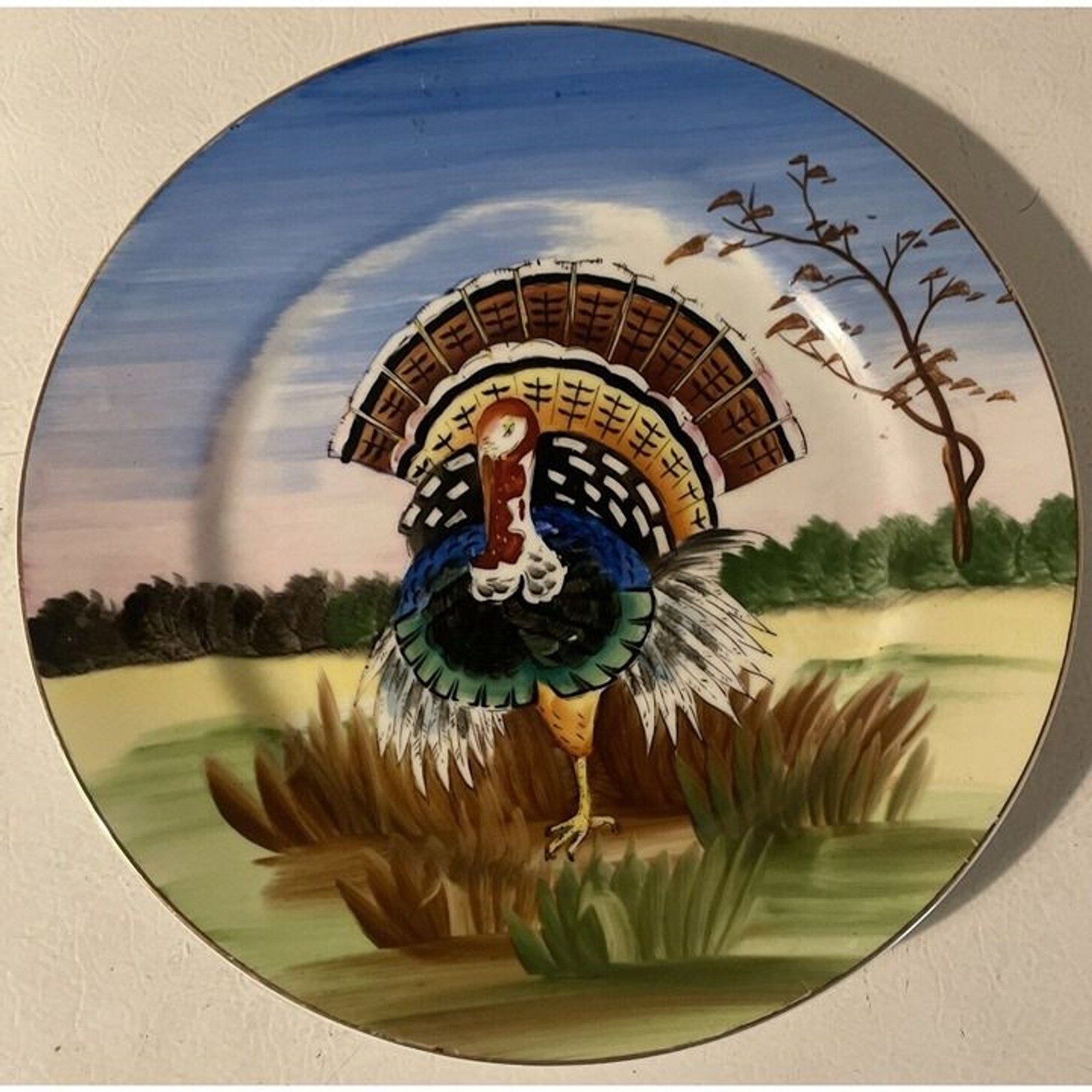 Vtg Large Dish Hand Painted Turkey 10\
