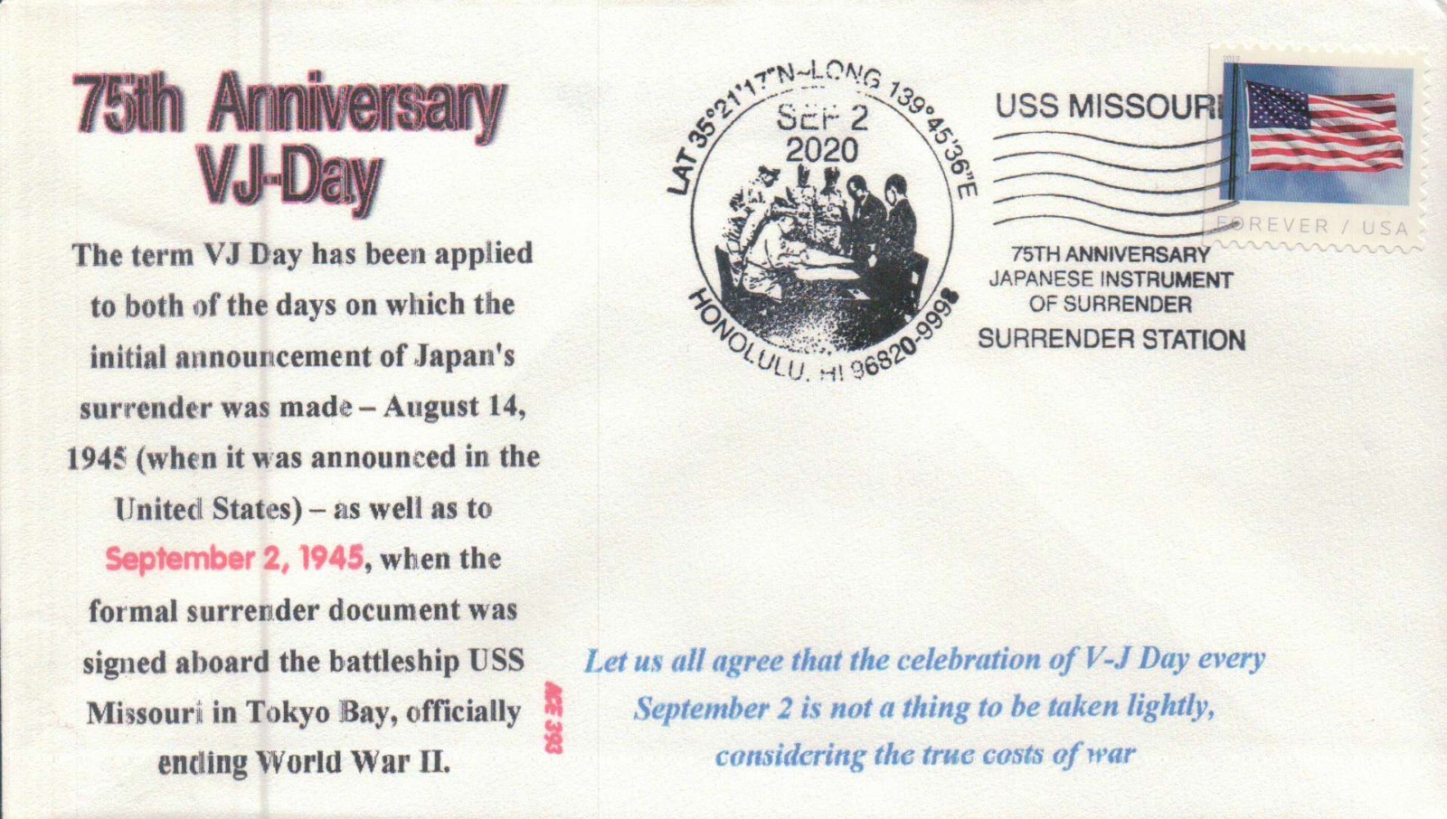 USS Missouri BB 63, 75th Anniv. VJ Day, pictorial pmk. Honolulu HI 2020