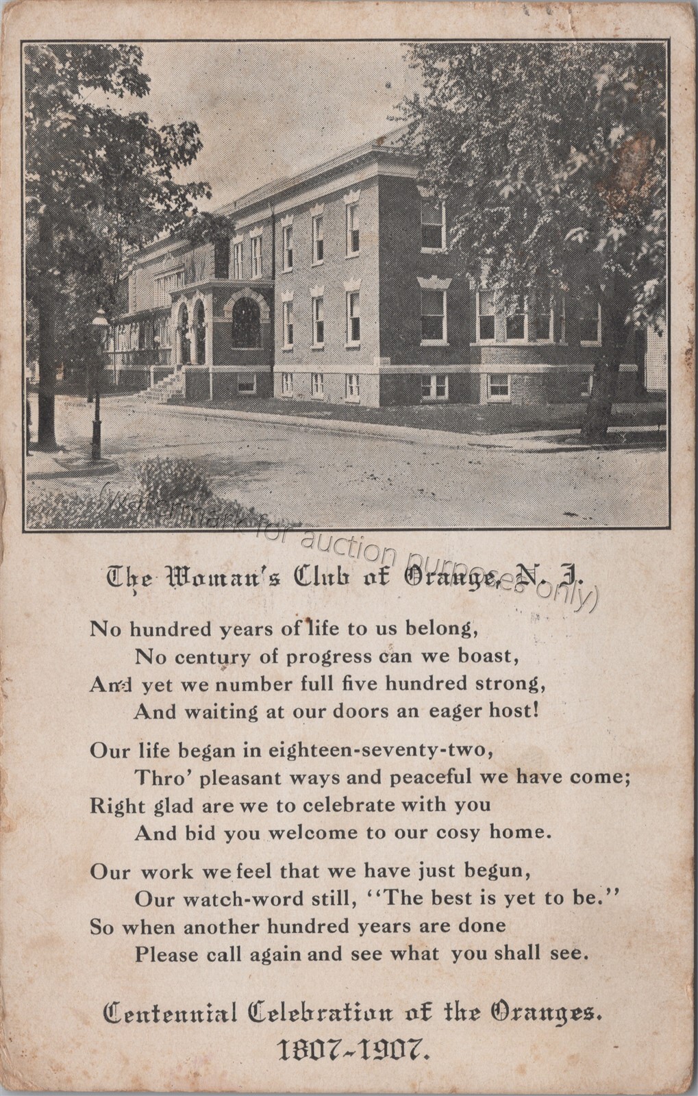 Orange, NJ: Women\'s Club Centennial 1907- Vtg Essex Co, New Jersey Poem Postcard