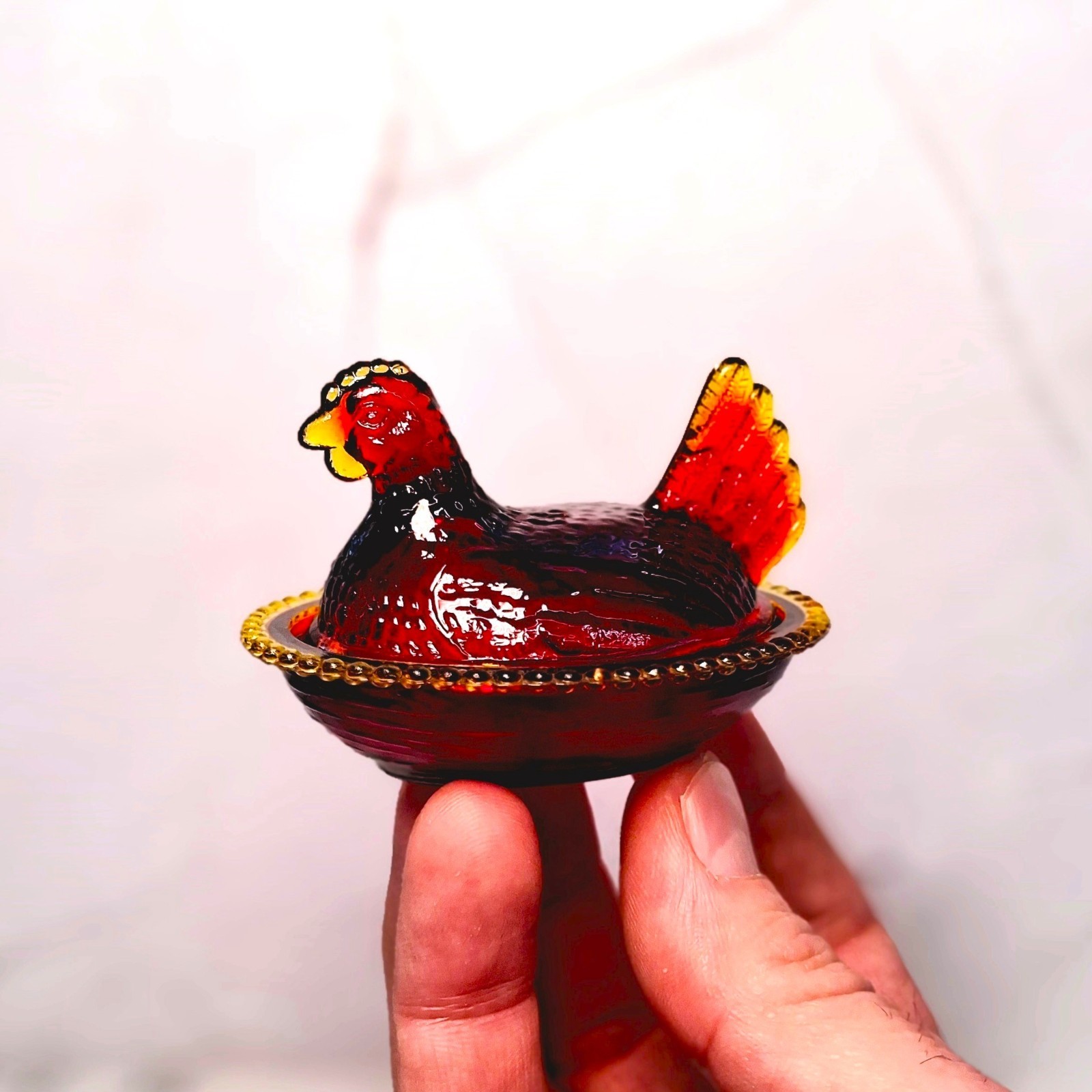 Indiana Style Glass Mini Hen On Nest Chicken Salt Dish, Red Amberina, VTG Style
