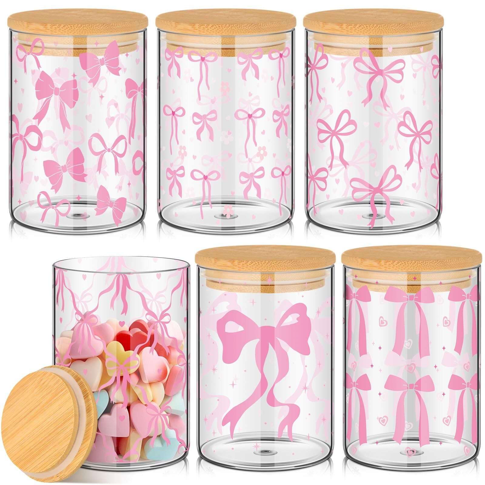 Suclain 6 Pcs Pink Bow Glass Storage Jars with Airtight Lid 19 oz Pink Bow De...