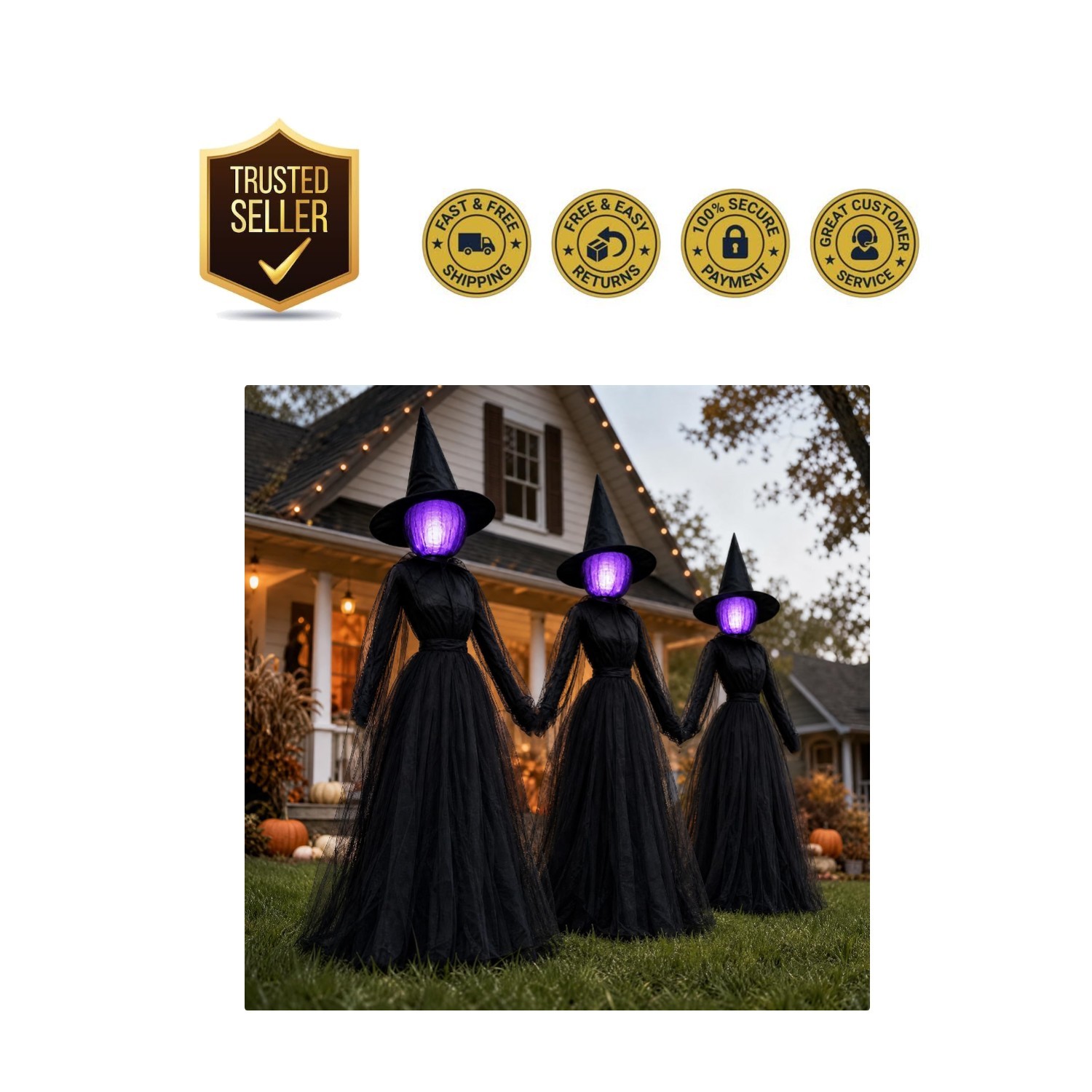 Eerie 6FT Halloween Witches with 8 Lighting Modes & Timer for Outdoor Fun