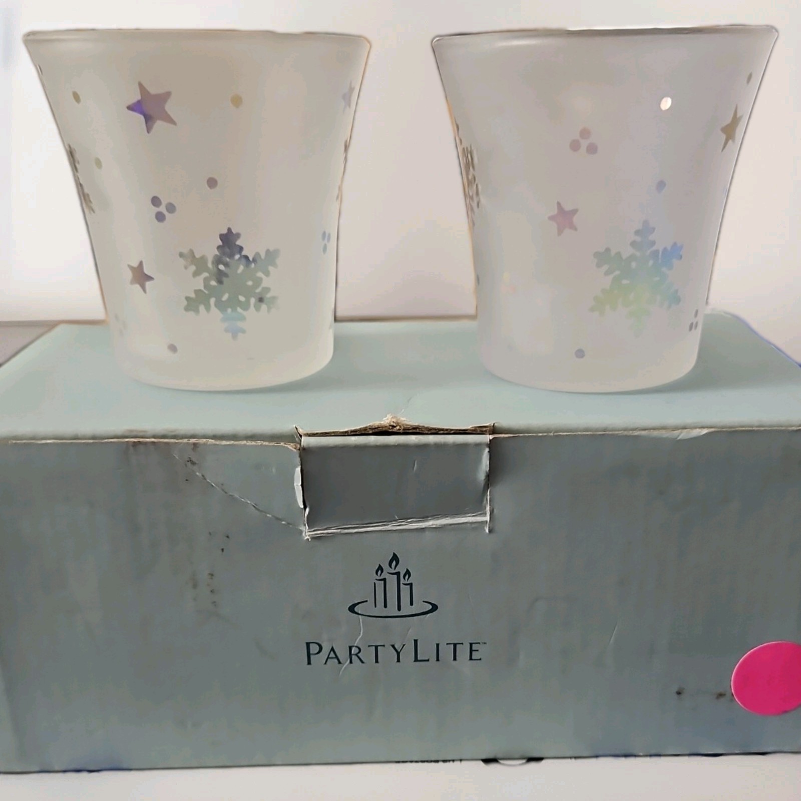 NEW in Box Partylite Snowy Nights Pair Votive Holders Frosted Glass iridescent 