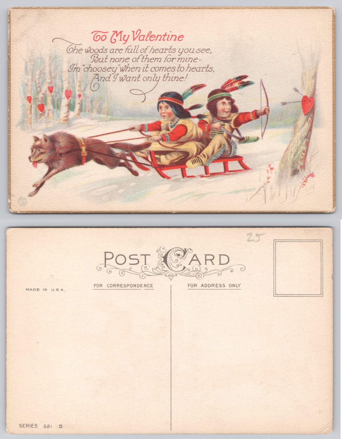 Vintage Valentine Postcard Native American Children Wolf Sled Hearts Snow