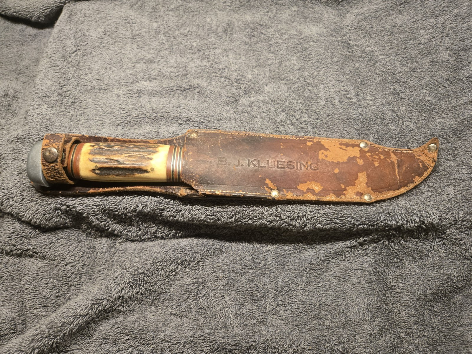 Vintage Luna Werke Solingen German Bowie Knife Stag handle W /Sheath