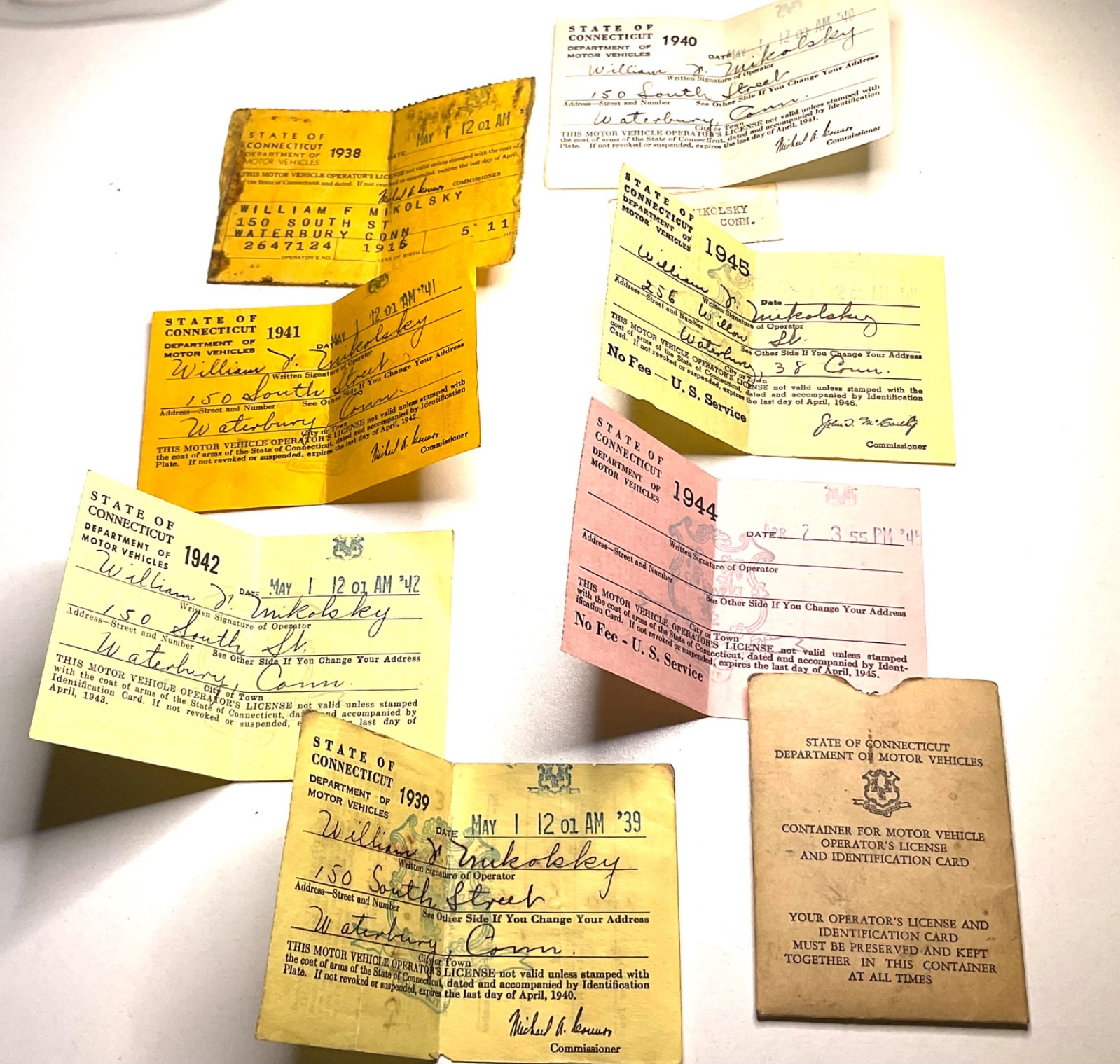 1938-1945 CT Drivers Licenses WWII U.S. Service Waterbury William Mikolsky Lot