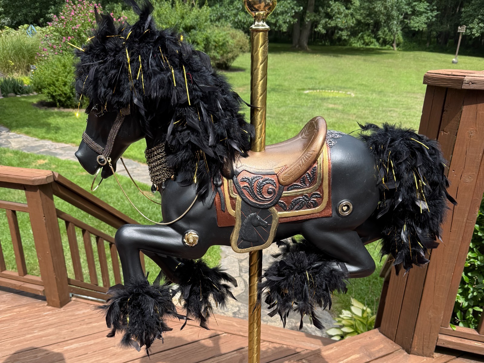 Carousel Horse Black Hand Painted Blow Mold Full Size & Brass Pole W/Stand Carousel Horse Black Hand Painted Blow Mold Full Size & Brass Pole W/Stand