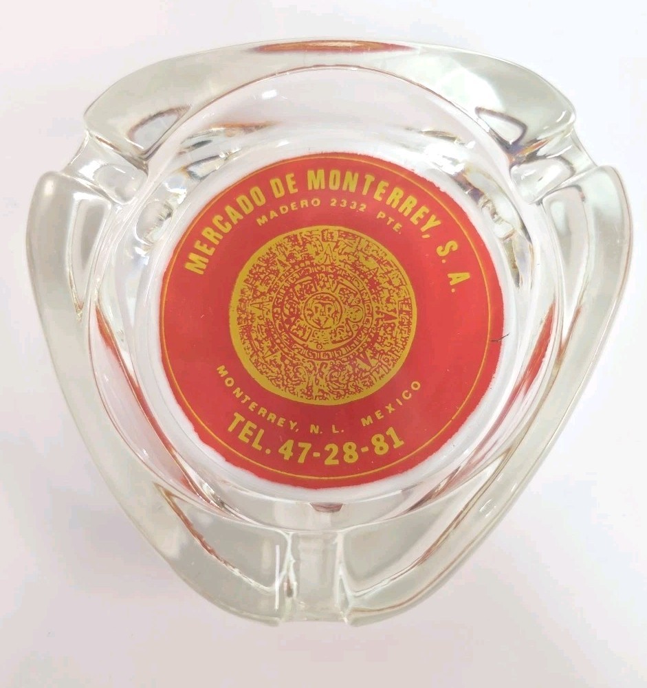 Vintage Mercado De Monterrey Glass Ashtray Madero 2332 PTE Mexico Red And Gold