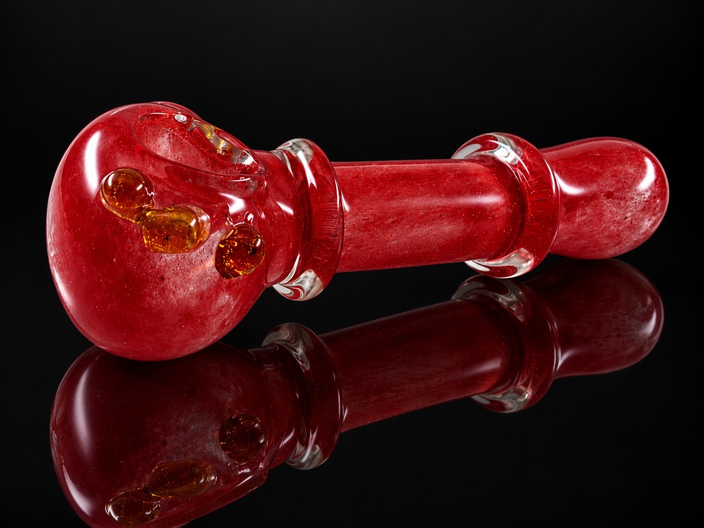 Ruby Red Glass Tobacco Hand Pipe with Amber Accents and Clear Glass Rings