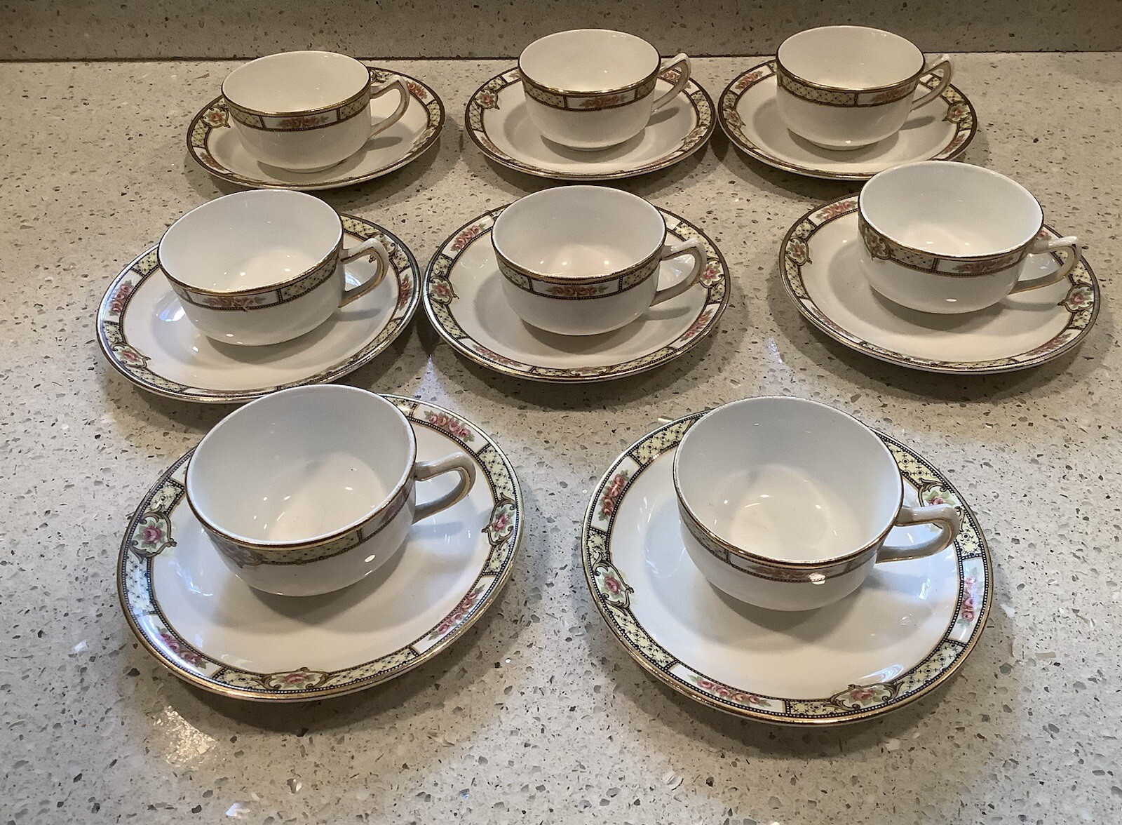 Set Of 8 Flat Cup & Saucer Sets, HOMER LAUGHLIN “Rose & Lattice (Empress)” Rare