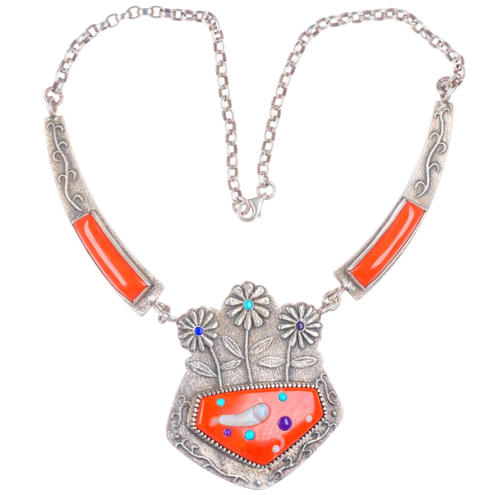 Darryl Dean Begay Navajo Tufa Cast sterling silver-Coral/Opal/turquoise necklace Darryl Dean Begay Navajo Tufa Cast sterling silver-Coral/Opal/turquoise necklace