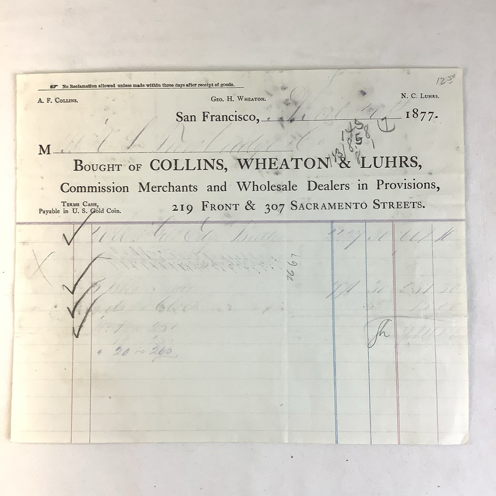 Antique Billhead Collins Wheaton & Luhrs 1877 San Fran Dealers In Provisions