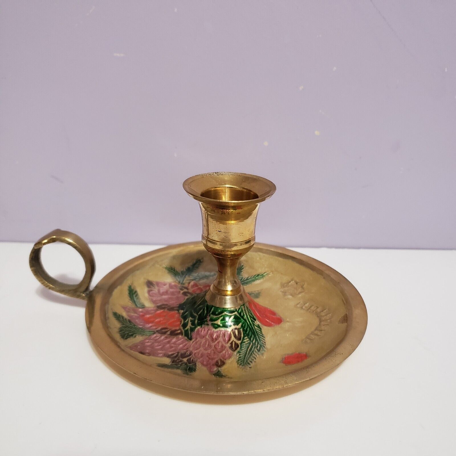 Brass Cloisonne Single Standard Candle Holder w/handle Wedding Country Home...